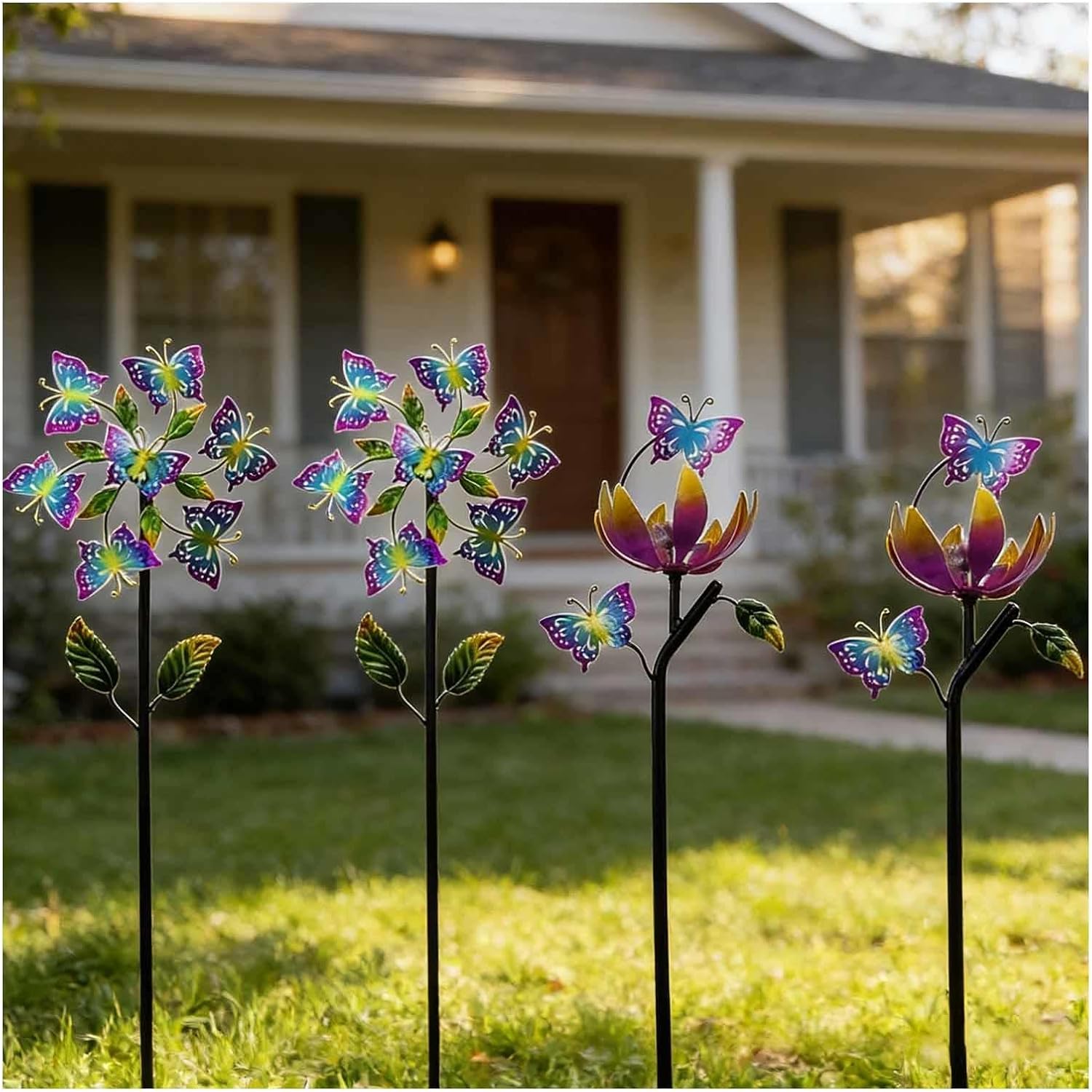 Butterfly Garden Wind Spinners for Yard, 46 inch/117cm Garden Windmills for The Yard 360° Metal Windmills, Metal Windmill Ideal Lovely Gift for Family Friends,A+B（4Packs）