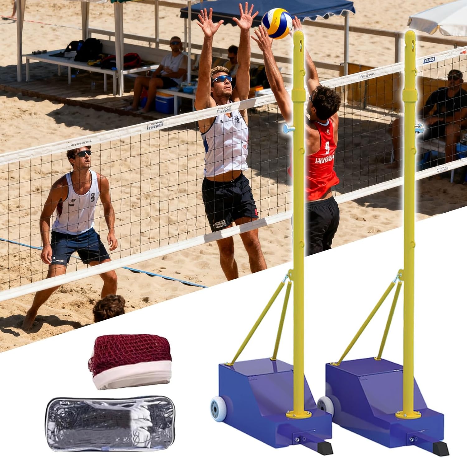 HARELA Volleyball Poles for Backyard, Badminton Net Pole with Adjustable Height, Volleyball Pole Sets with Wheels and Net, for Kids, Adults,Outdoor & Indoor