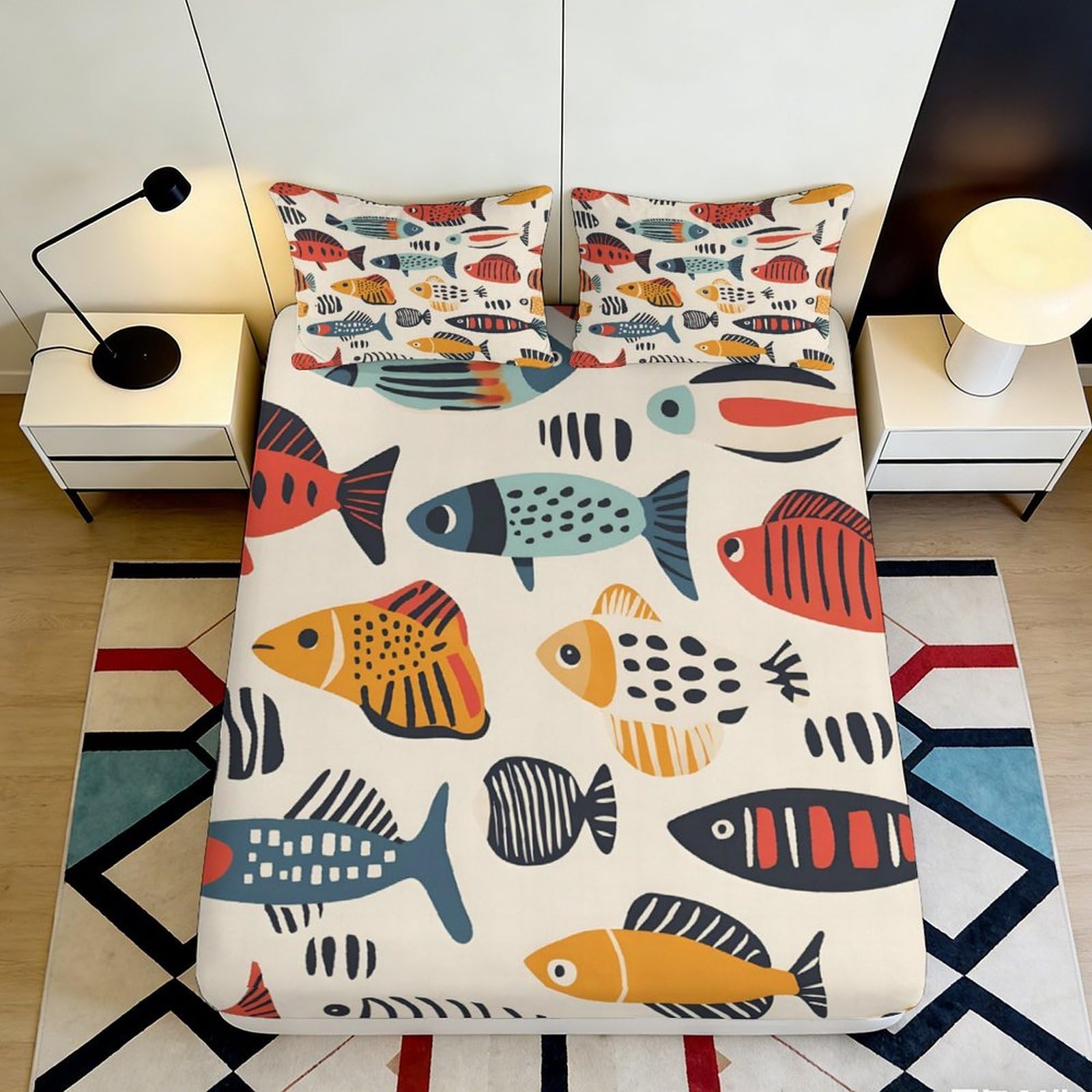 Uynsixtme Style-7 3D Printed Colorful Fish Fitted Sheet Microfiber Deep Pocket Elastic Hem Bedroom Bedding Set Fish Mattress Fitted Cover Washable 140X200x25cm