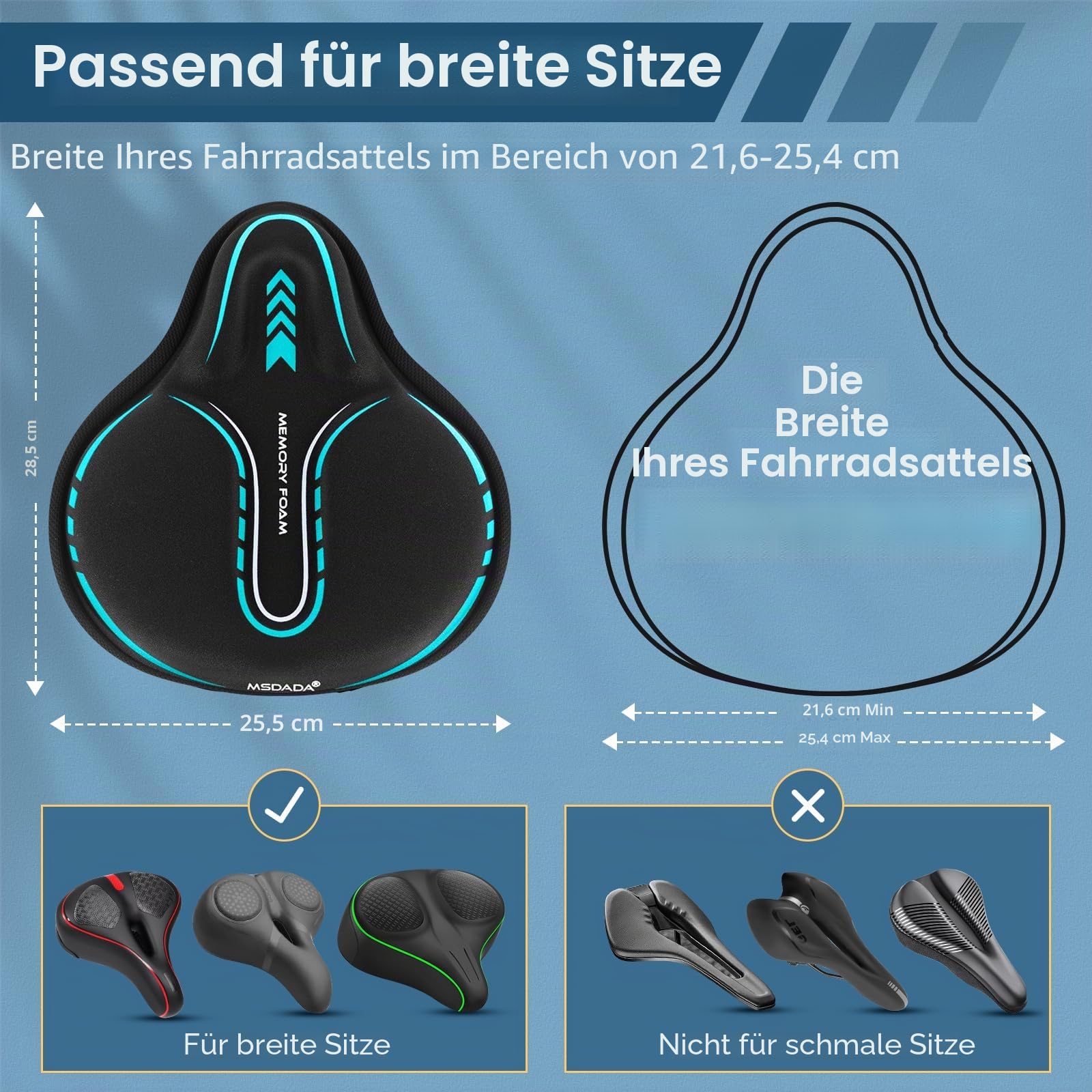 MSDADA Gel Gepolsterter Fahrradsattelbezug, Extra Weicher Schaum Breit Groß Sattelbezug für MTB, Heimtrainer Fahrrad, Peloton, Bequem Sattelpolster für Damen Herren Senioren (Schwarz/Turquoise) | Gel-Polsterung; Anti-Rutsch-Design; Atmungsaktives Lycra; U