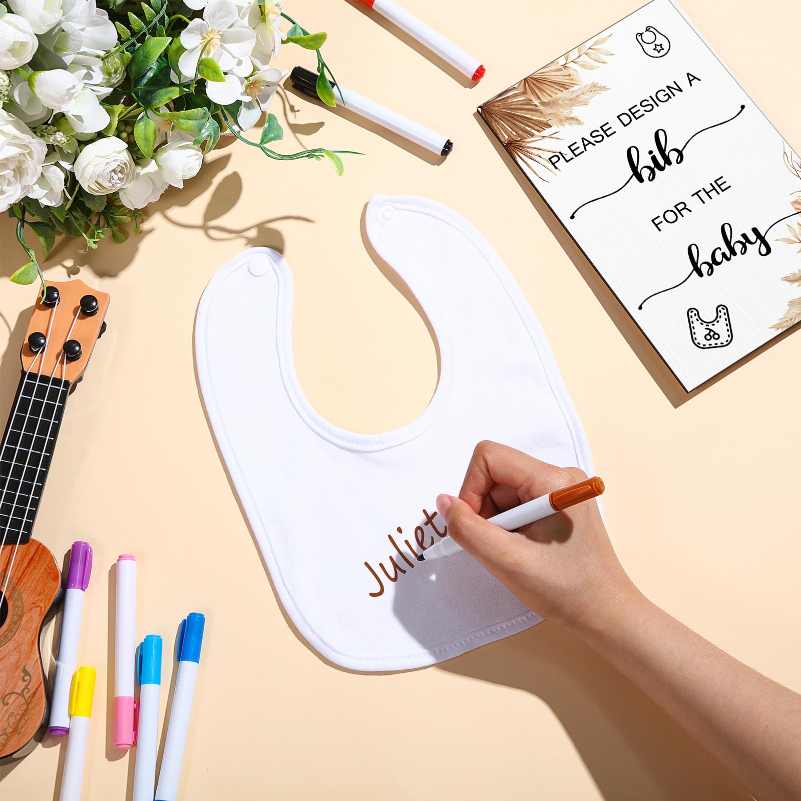 Baby Shower Bib Decorating Kit - 25 White Bibs With 10 Fabric Markers & Sign