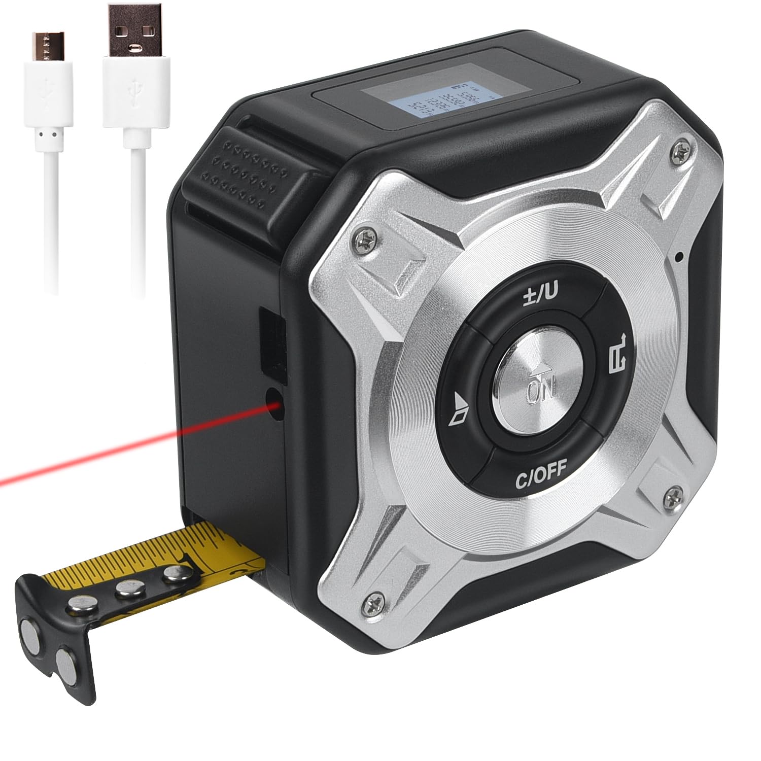 TKMARS Cinta Métrica Láser 2 En 1,Medidor de Distancia Láser Digital, Telémetro Láser de Cinta Métrica Recargable, Láser 40M, Cinta 5M, para Medir la Longitud/Area/Volumen