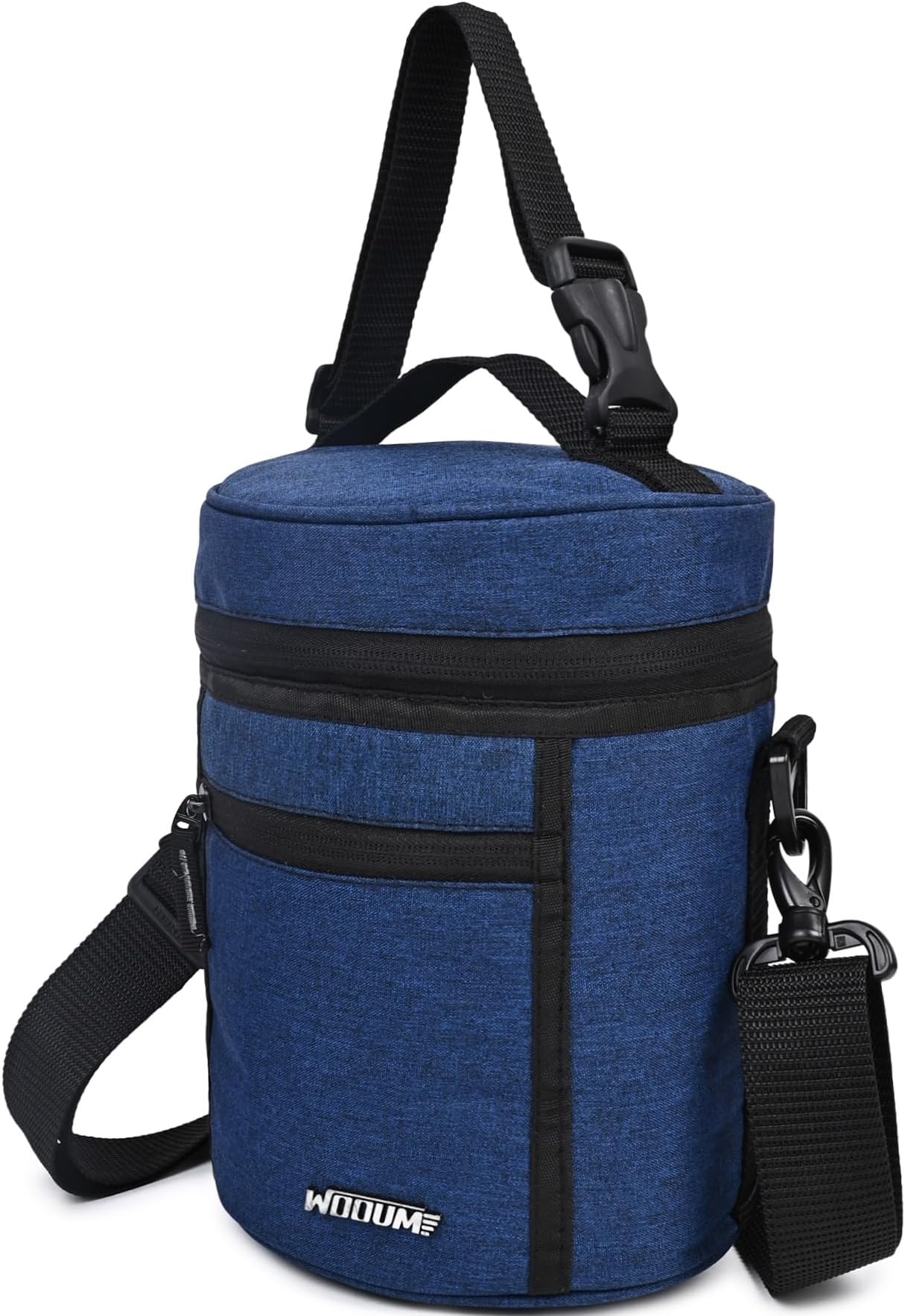 Wooum Pvc Fabric Round Lunch Bag, Tiffin Bag Lunch Holder Meal Holder Reusable Food Bag with Front & Concealed Pockets for School, Office, Picnic, Adjustable Shoulder Strap Navy Blue, 7.5 Liters