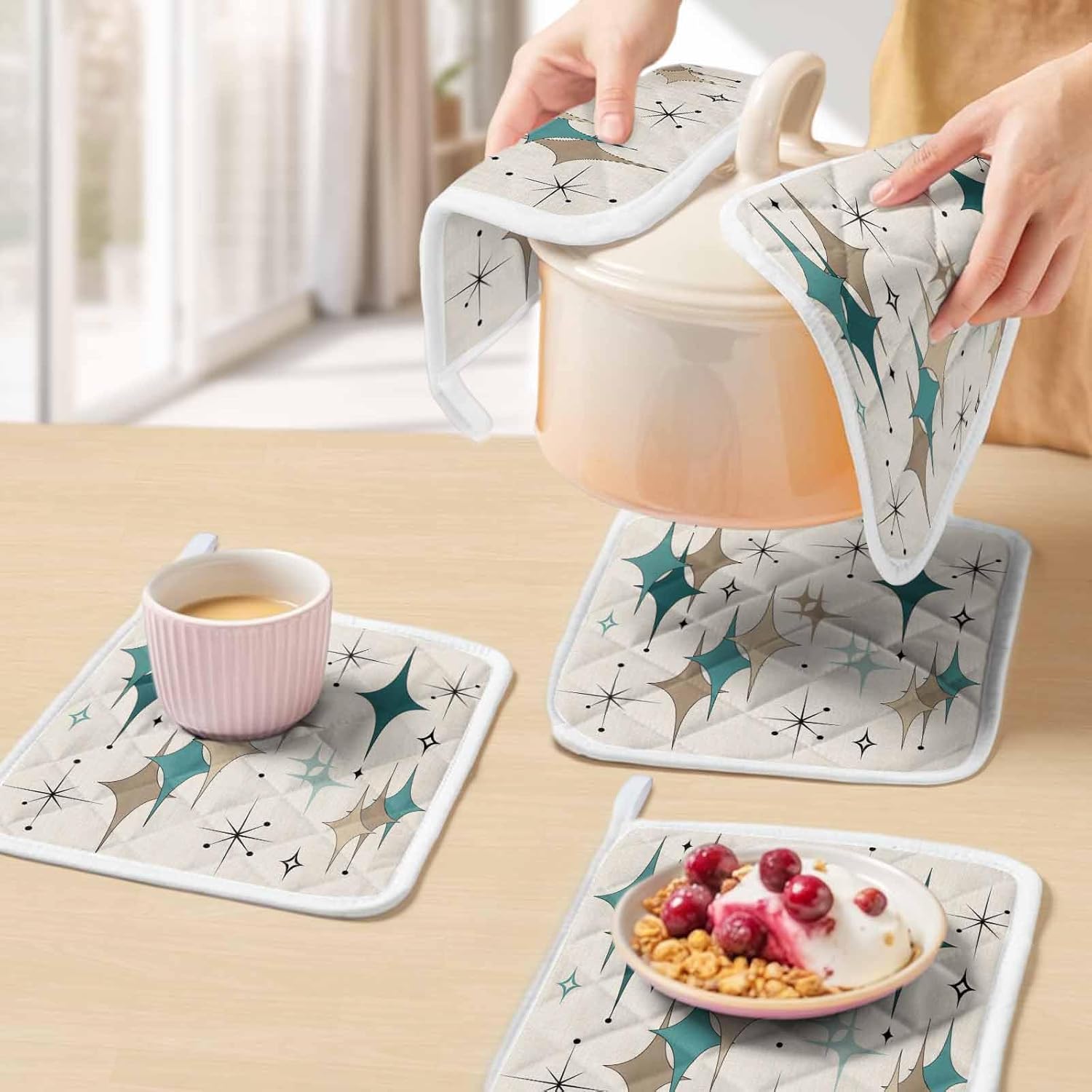 Green Beige Diamond Pot Holders for Kitchen Heatproof Potholder, 5 Pack Modern Geometric Middle Century Hot Pads Multipurpose Oven Pads Cloth Potholders Trivet for Cooking Baking