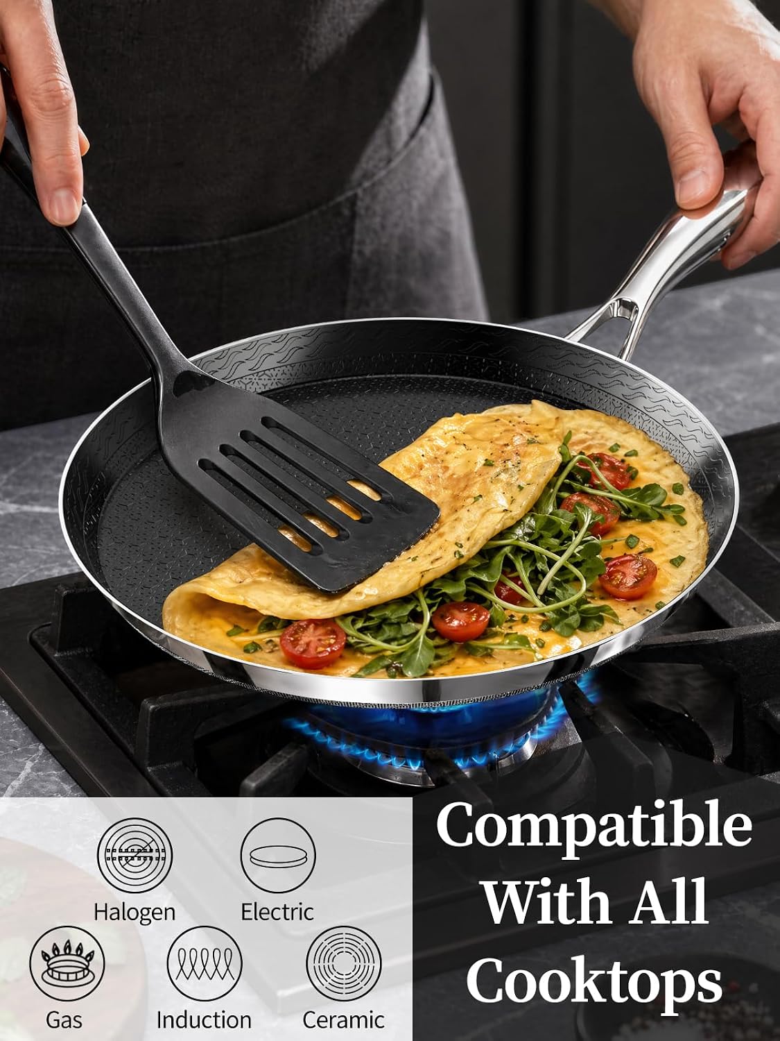 Innerwell Stainless Steel Crepe Pan, 10 Inch Nonstick Crepe Pan, 3-Ply Hybrid Pancake Pan, Non Stick Flat Skillet Tawa Dosa Pan, Induction Compatible, PFOA&PFAS&PTFE Free