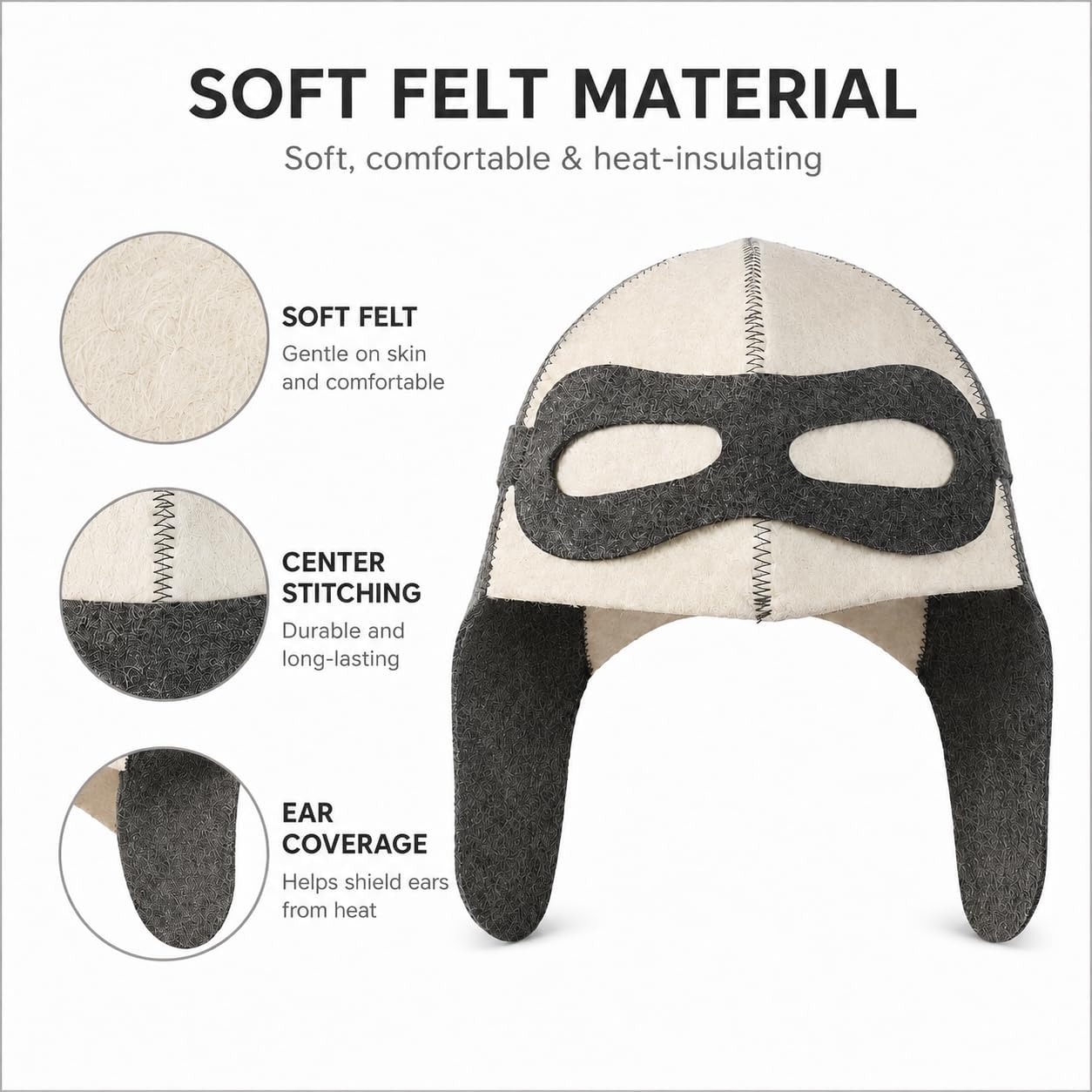 Pilot Style Felt Sauna Hat with Ear Flaps, Soft Sauna Cap for Men Women, Two-Tone Gray Cream Sauna Headwear for Sauna, Steam Room, Spa image 4