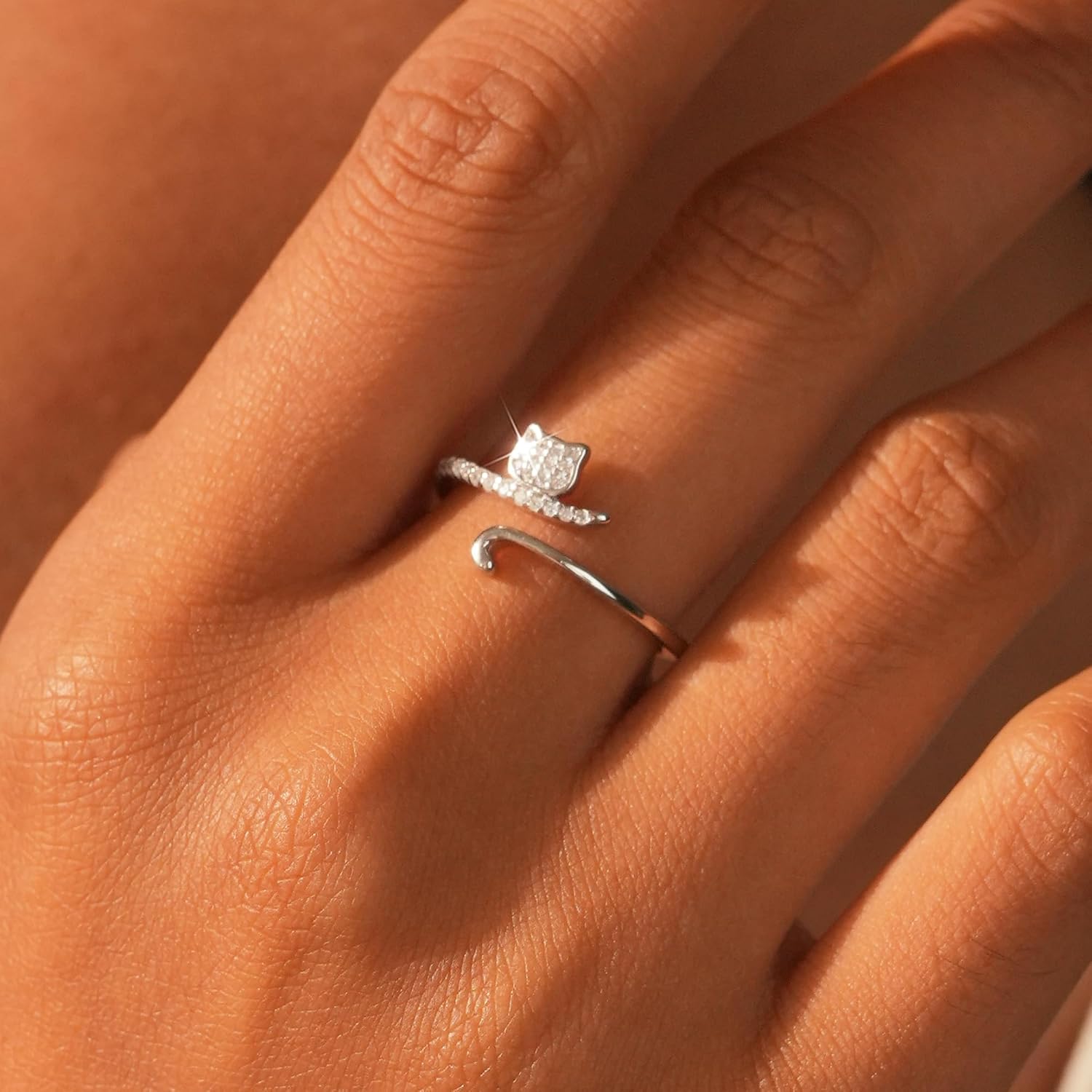 925 Sterling Silver Cute Cat Adjustable Rings Kitten Animal Stackable Rings to Daughter 14K Gold Plated Dainty Lovely CZ Cats Animals Ring for Cat Lovers Women Engagement Birthday Jewelry Gift - Image 2