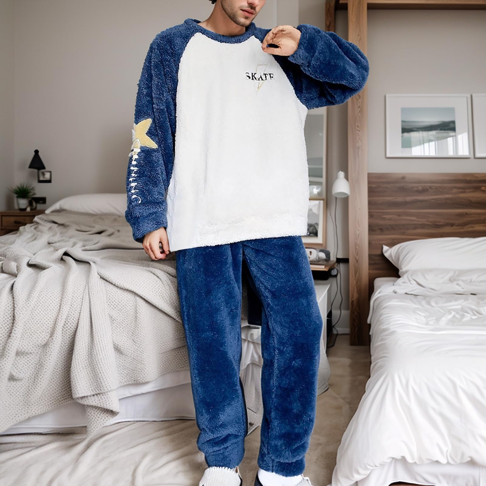 Generisch Pijama de franela para hombre, juego de pijama largo de invierno, conjunto de dos piezas, pijamas de forro polar, ropa de casa cálida, talla grande, camiseta de dormir + pantalones de pijama