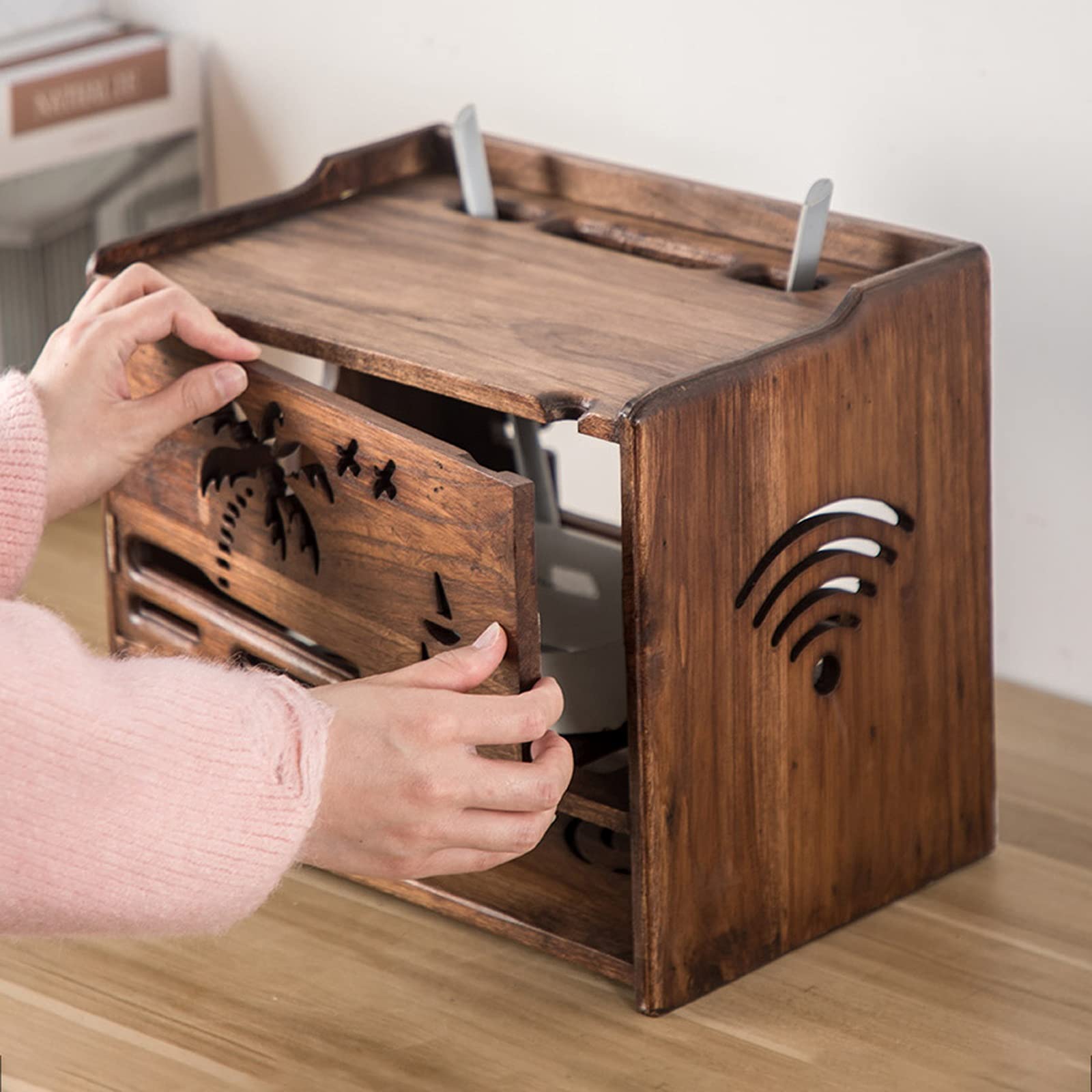 Boîte de rangement en bois à double couche Boîte de rangement de câble Organiseur Bureau de bureau Tidy Power Bande anti-poussière Boîte de rangement de routeur en bois, Ouverture supérieure / avant