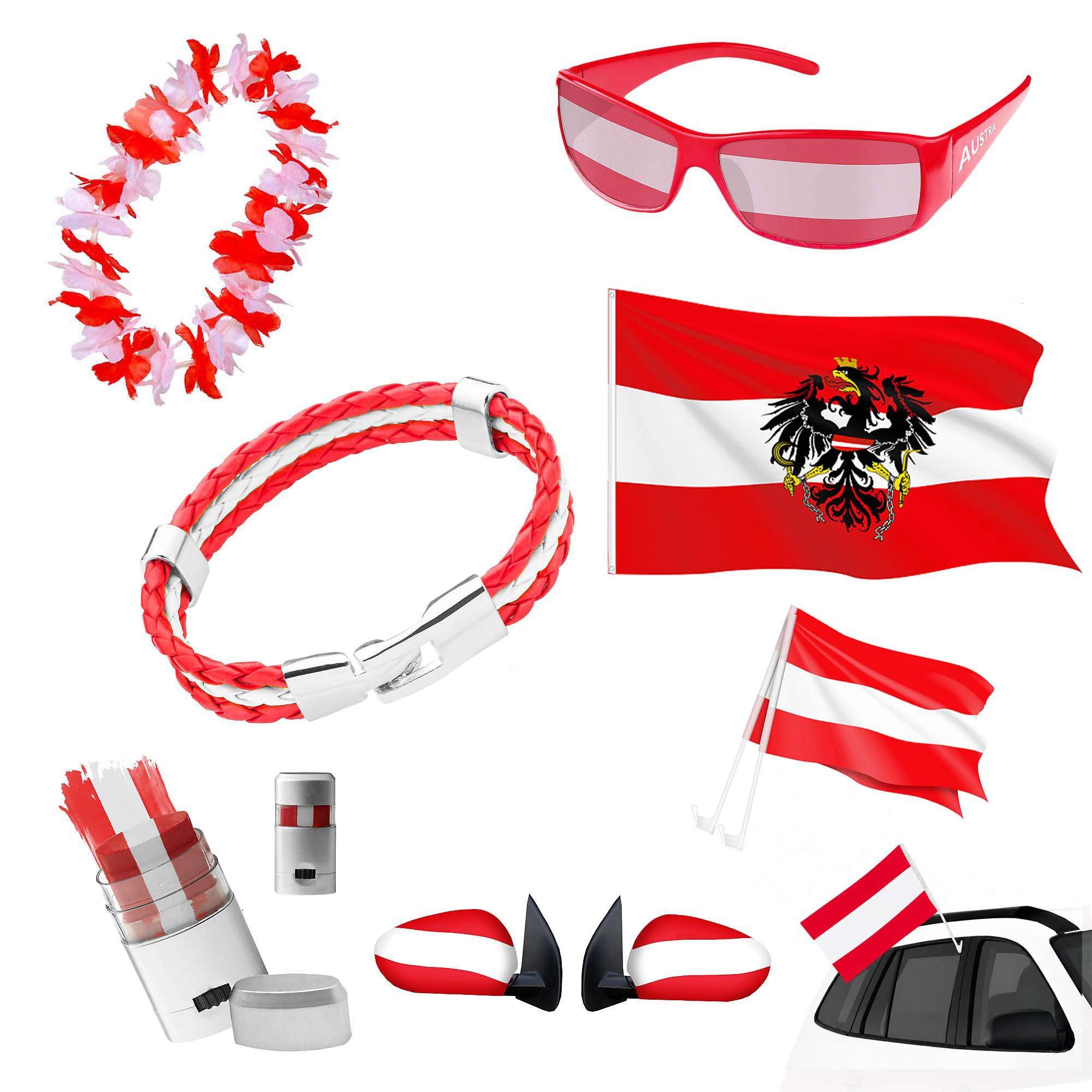Taffstyle Österreich Fan Set 7 Teilig Fußball EM WM Fanartikel mit Fahne Autofahnen Spiegelüberzügen Fanbrille Schminkstift Hawaii Kette Armband