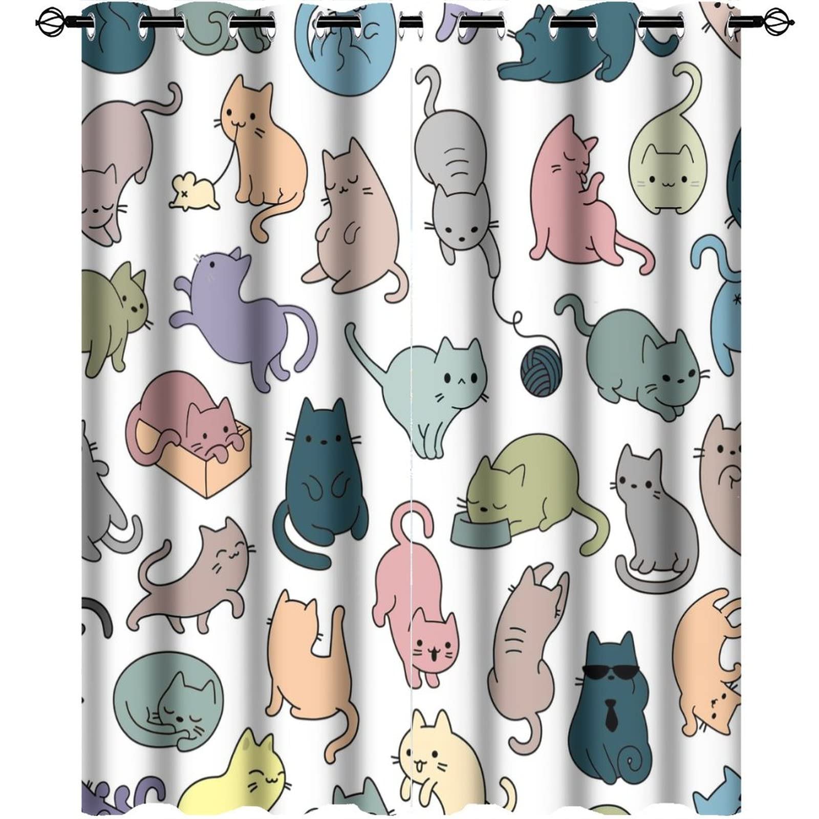 Cartoon Cat Blackout Curtains for Bedroom,Abstract Colorful Lovely Animals Cat Theme Room Darkening Window Curtains with Grommets - 2 Panels 45L x 21W