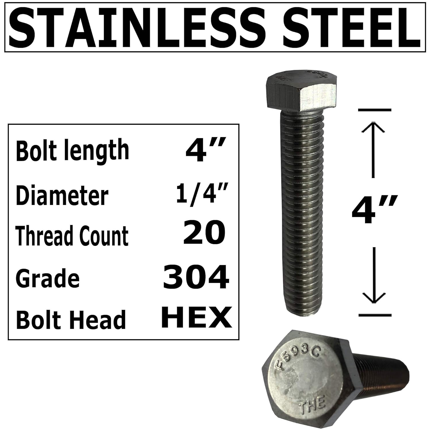 1/4" - 20 x 4-304-STAINLESS Steel Bolts, Nuts & WASHERS - 18-8 HEX Head Bolt - 304 Grade. General Purpose (10) Bolts + (10) Nuts + (10) Washers
