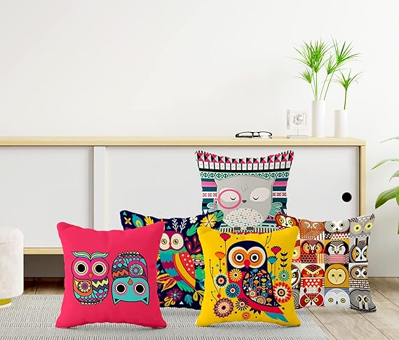 HOOPY Set of 5 Designer Decorative Throw Pillow/Cushion Covers (16 inch x 16 inch, Owl Print)