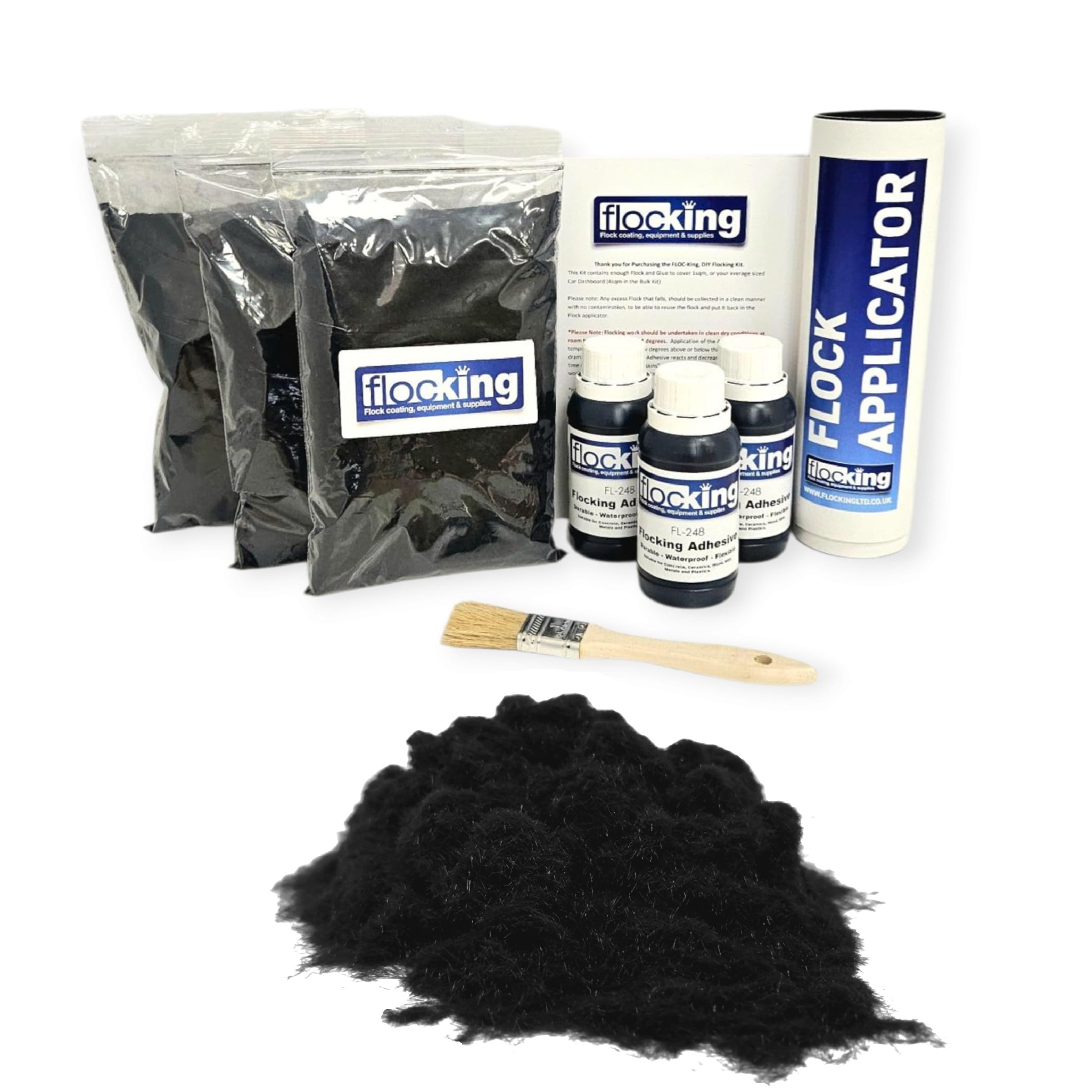 Triple Pack Flocking Kit (Black) - Complete DIY Flock Application Set - Car Dashboards, Craft Projects, Model Making -Includes Nylon Flock Fibres, Flocking Adhesive, Tube Applicator