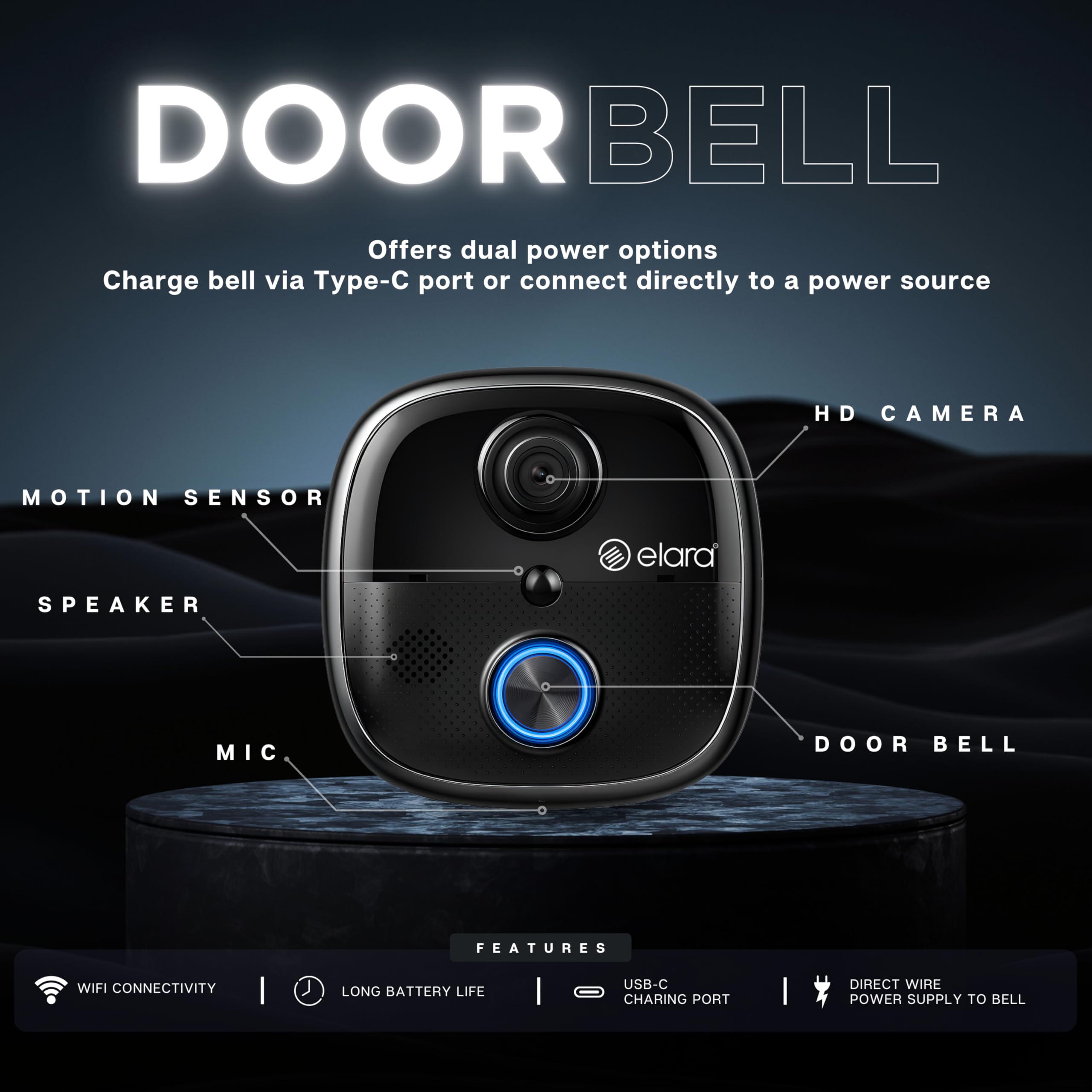 Elara Smart Video Doorbell 2K, 1080p HD Camera, Night Vision, IP65 Water-Resistant, Live Streaming, Plug and Play Chime WiFi, Dual Power Options, PIR Sensor 2