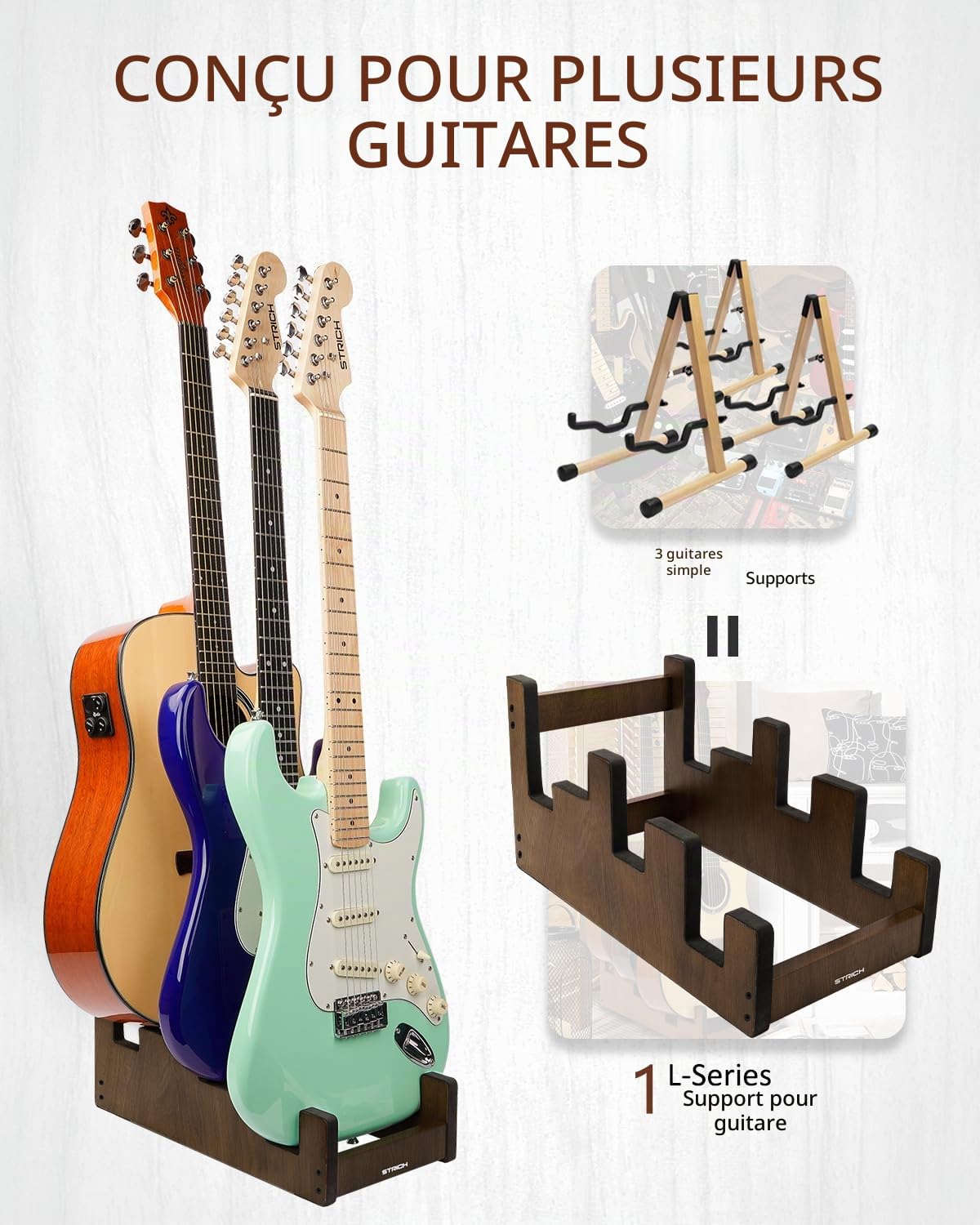 STRICH L-2E1AW Support de guitare en bois pour plusieurs guitares, 3 supports, affichage frontal, gain de place, pour la maison, le studio, la scène, couleur noyer, L-2E1AW (pour 2 guitares