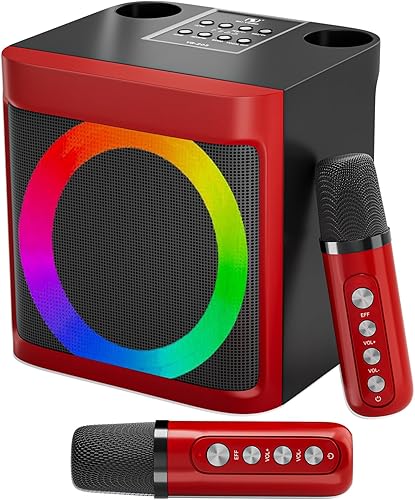 Vista 15 de Mini máquina de karaoke para niños y adultos, altavoz portátil de karaoke Bluetooth con 2 micrófonos inalámbricos para fiestas en casa, grandes