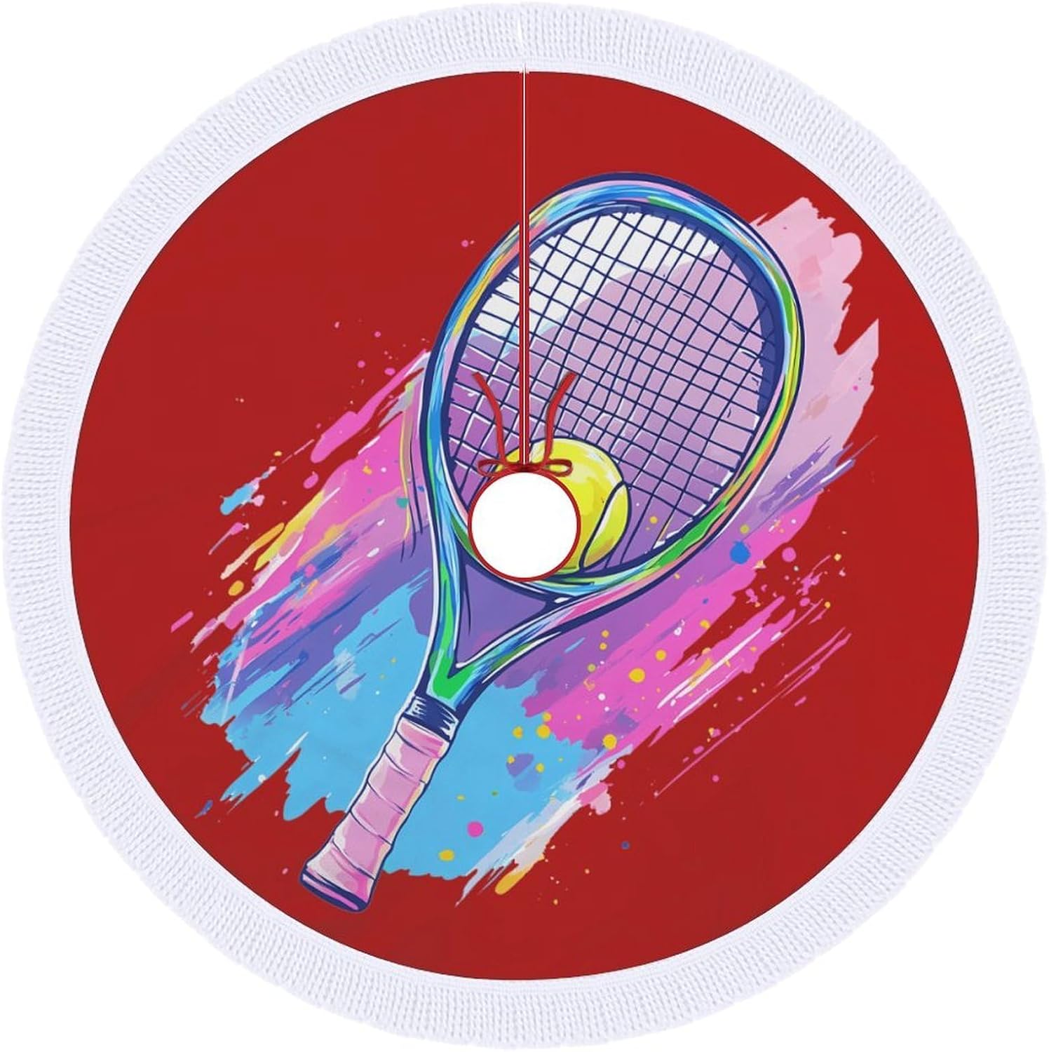 Tie-dye Tennis Christmas Tree Skirt Round Xmas Tree Mat Ornaments Tree Skirts with Tassels for Holiday Party