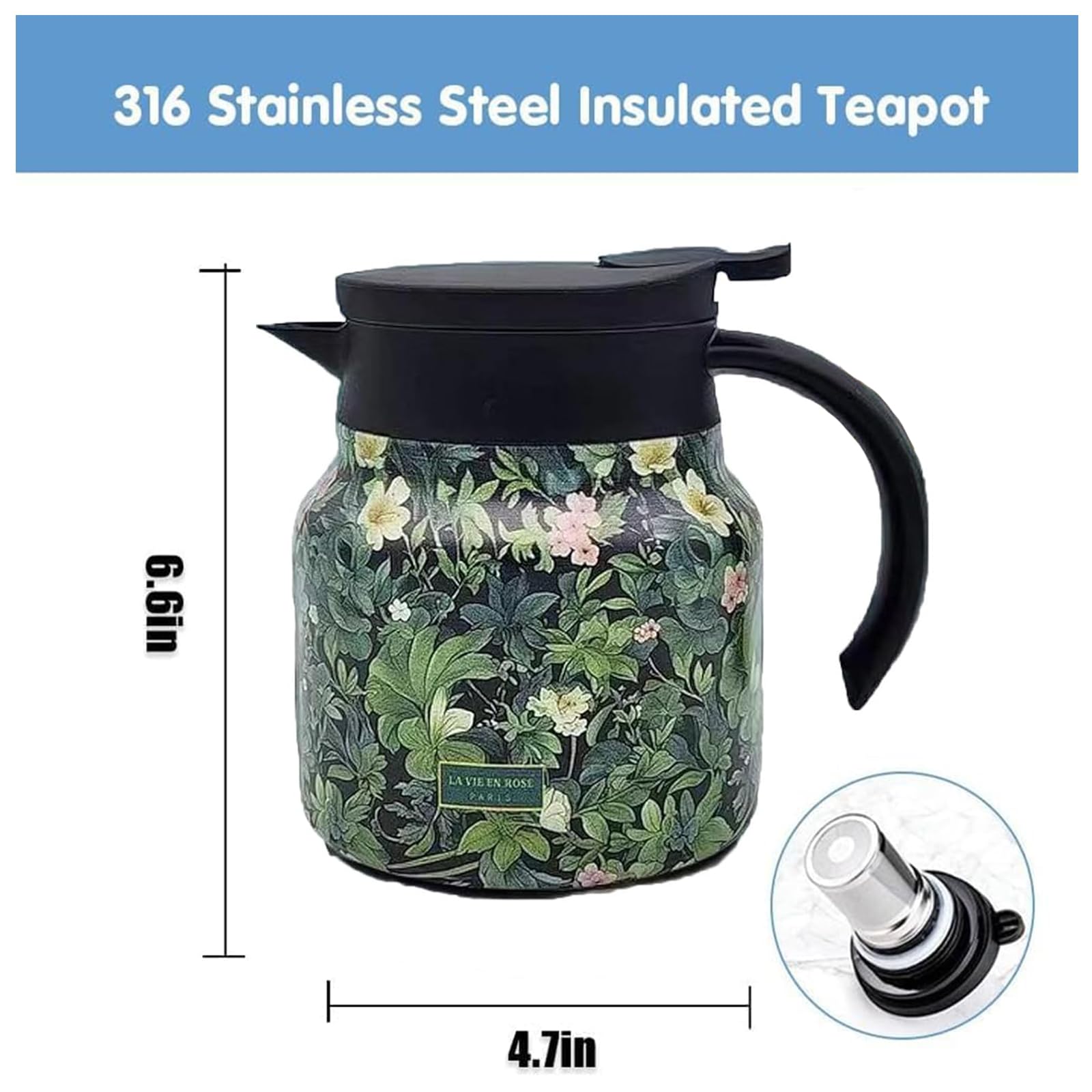 Infinite Tea Pot, Vintage Floral Pattern – Built-In Infuser, Stainless Steel Insulated Teapots Sets with Teaspoon, for Hot Cold Drinks (Red,1000 ml)