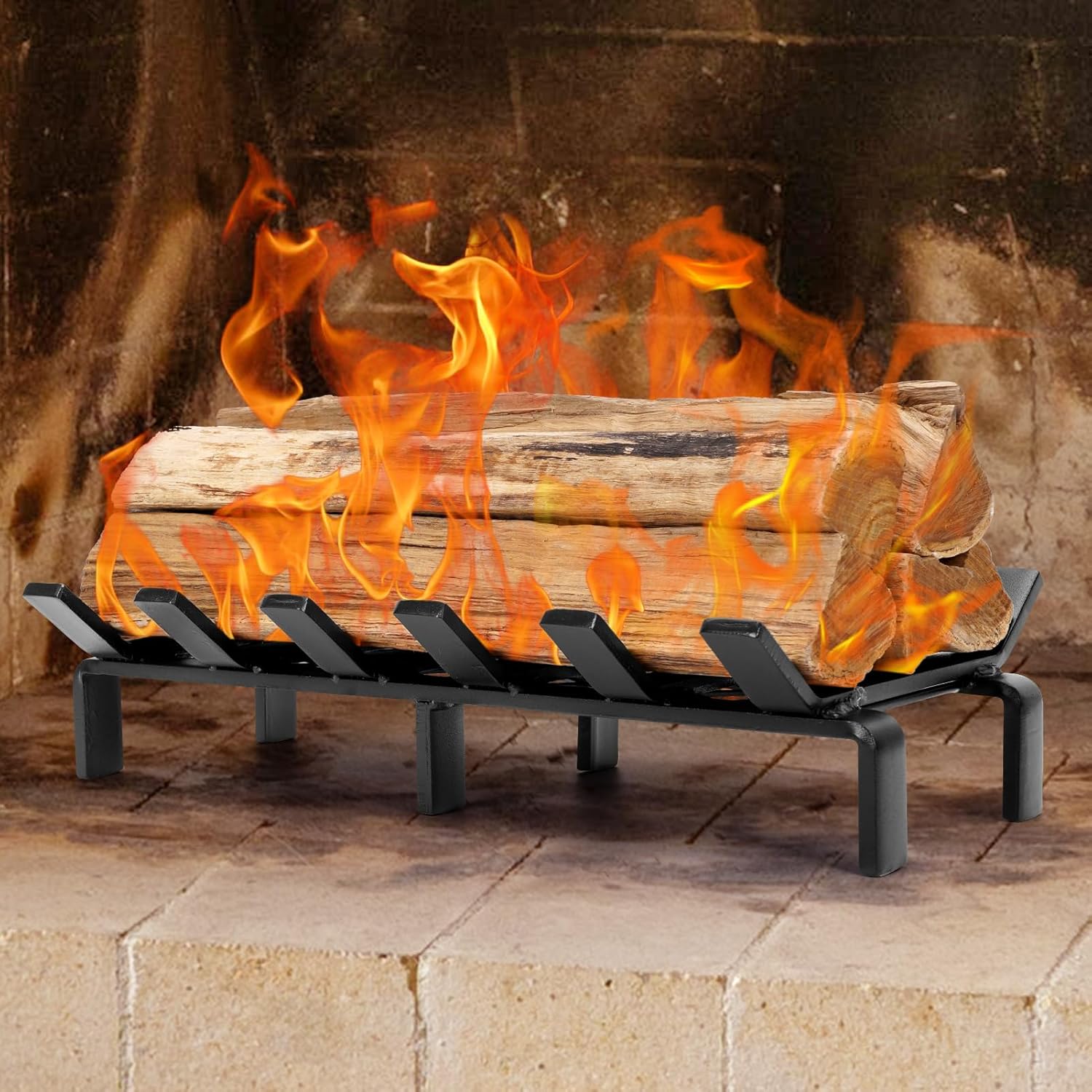 17" Fireplace Grate with Ember Retainer, Wood Stove Grate Rack, Heavy Duty Solid Steel 6-Bars Firewood Holder, Non-Assembly Fire Grate for Indoor Hearth Outdoor Firepit - Matt Black