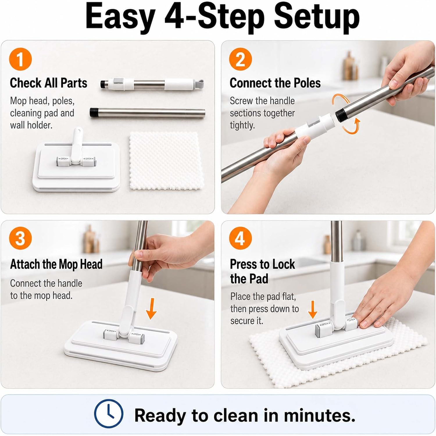 Hands Free Flat Mop with 5 Reusable Pads, One-Click Cloth Release, 53-Inch Extendable Stainless Steel Handle, Microfiber Mini Mop with Wall Holder for Hardwood, Tile, Bathroom, Kitchen and Glass