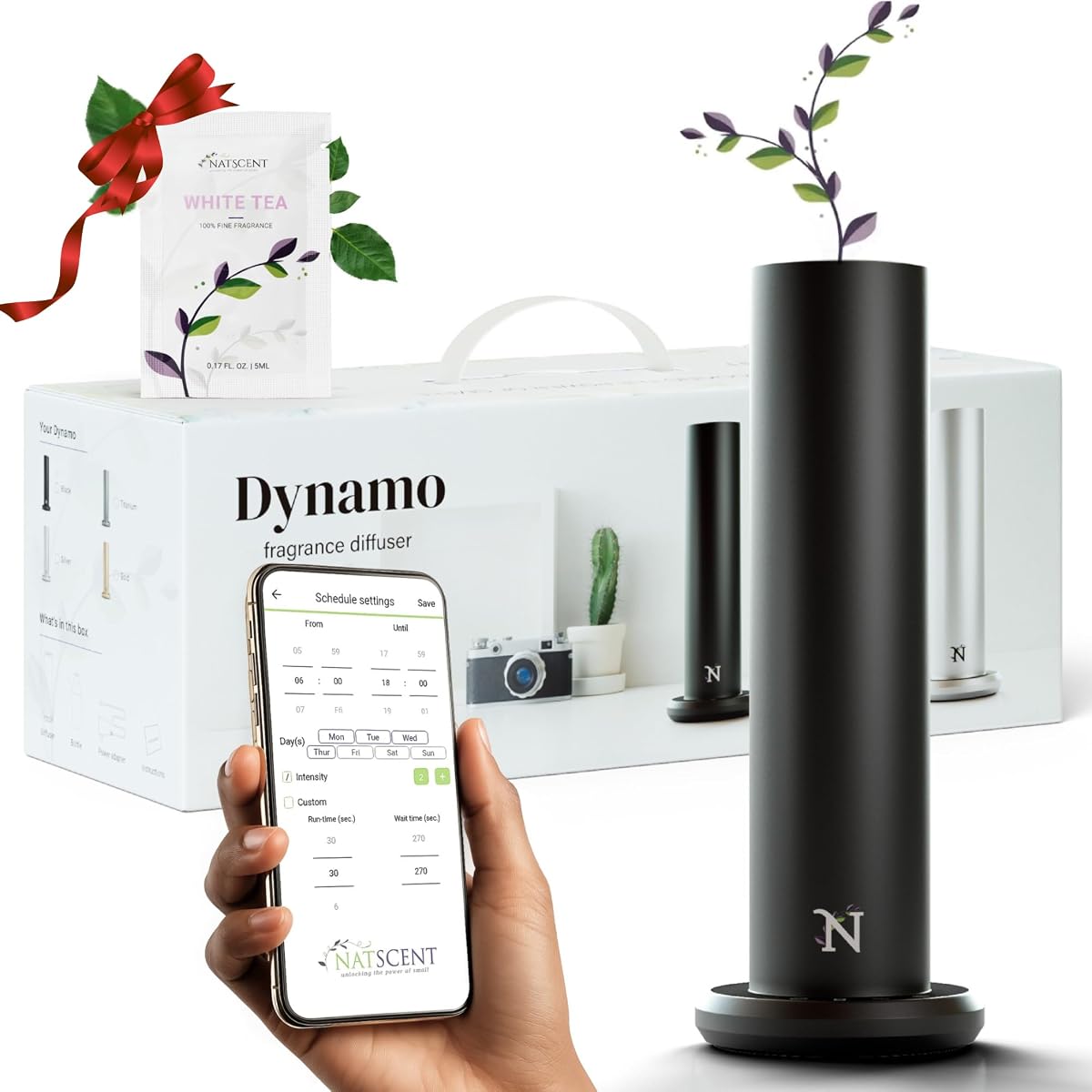 Waterless Essential Oil Diffuser - Cold Air Scent Machine for Home Office | Natscent Dynamo Hotel Scent, 1000 Sq Ft Coverage, App Control, Hypoallergenic, White Tea Fragrance Included, Quiet, Black