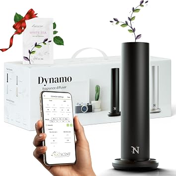 Dynamo Hotel Scent Diffuser Cold-Air Essential Oil Diffuser for Home & Large Rooms up to 1000 sq ft, App & Manual Control, Hypoallergenic, Includes White Tea Fragrance Sample Black