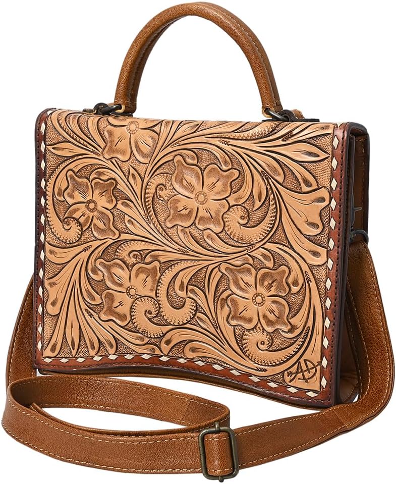 American Darling Hand-Tooled Leather Messenger Bag – Floral Carved Vegetable-Tanned Genuine Leather Western Crossbody Purse