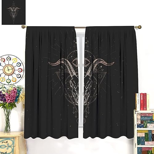 Vista 63 de Cortinas de cabeza de cabra, misteriosa cabeza de cabra malvada, calavera negra, bolsillo para barra, cortinas opacas para ventana, juego de 2
