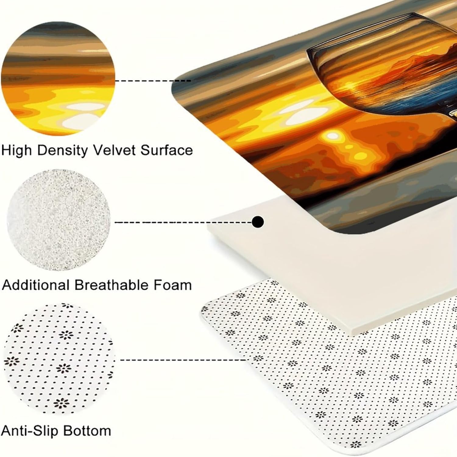 Sunset Wine Glass Kitchen Mats Soft Absorbent Rugs for Floor Non Slip Washable Kitchen Mats Fashion Rectangular Rugs for Three-Piece Set for Laundry Office Home Sink