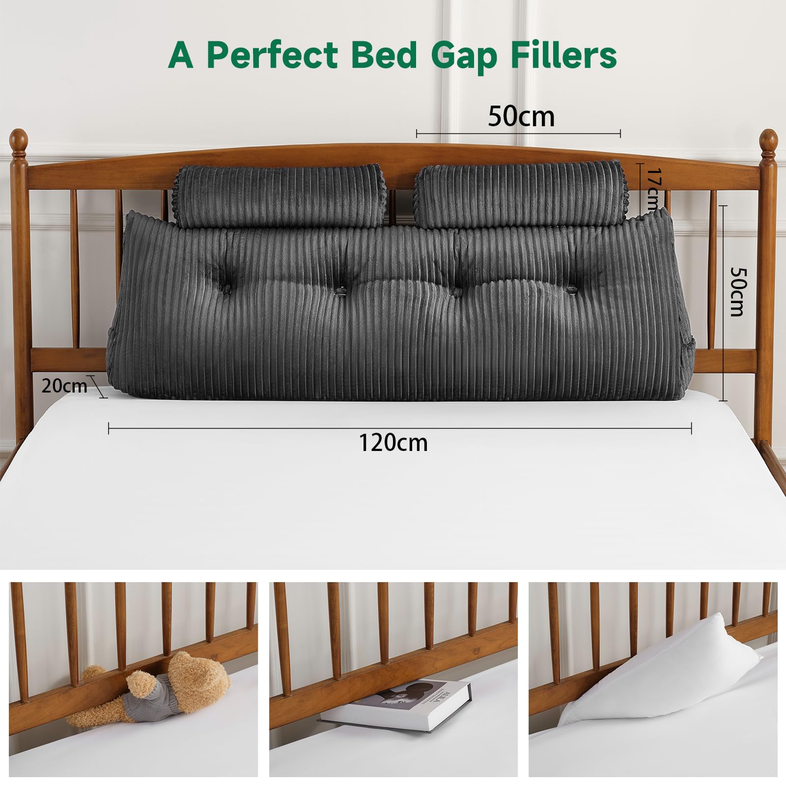 Z-hom Bücherkissen, Keilkissen, Lesekissen Für Bett Und Sofa, Cozy Rückenkissen, Praktisches Seitenfach, Removable Cover, Mit Rundem Kopfkissen (Grau, 120 * 50 * 20cm)