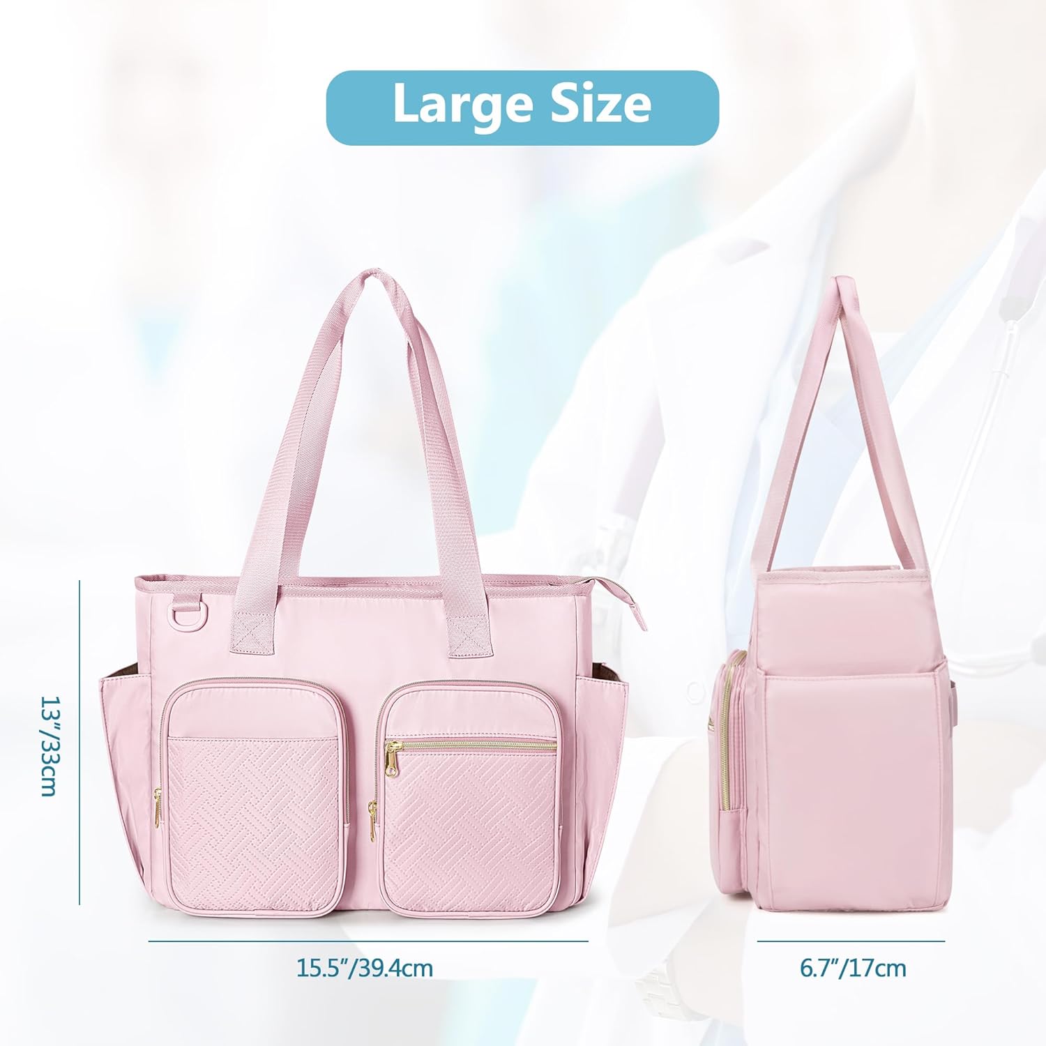 Nurse Tote Bag Clinical Bag Empty, Large Nurse Bag for Work fits 15.6" Laptop for Medical Assistants, Home Healthcare, Travel, Pink