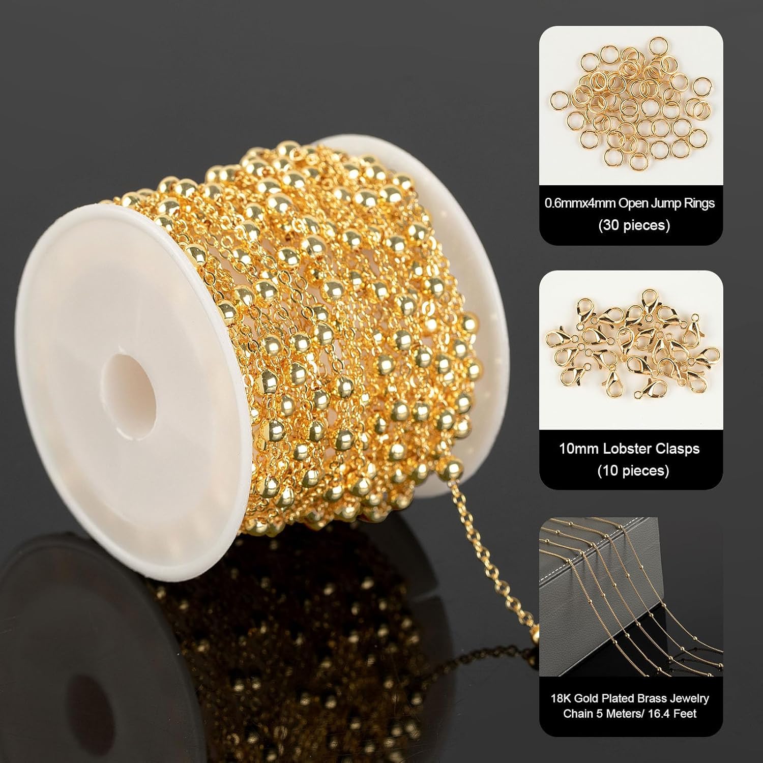 YOUBEIYEE 16.4 Feet Light Gold Cable Chain for Jewelry Making, 18K Gold Plated Brass Chain Roll Satellite Bead Necklace Chain Bulk with Jump Rings and Lobster Clasps - Image 2