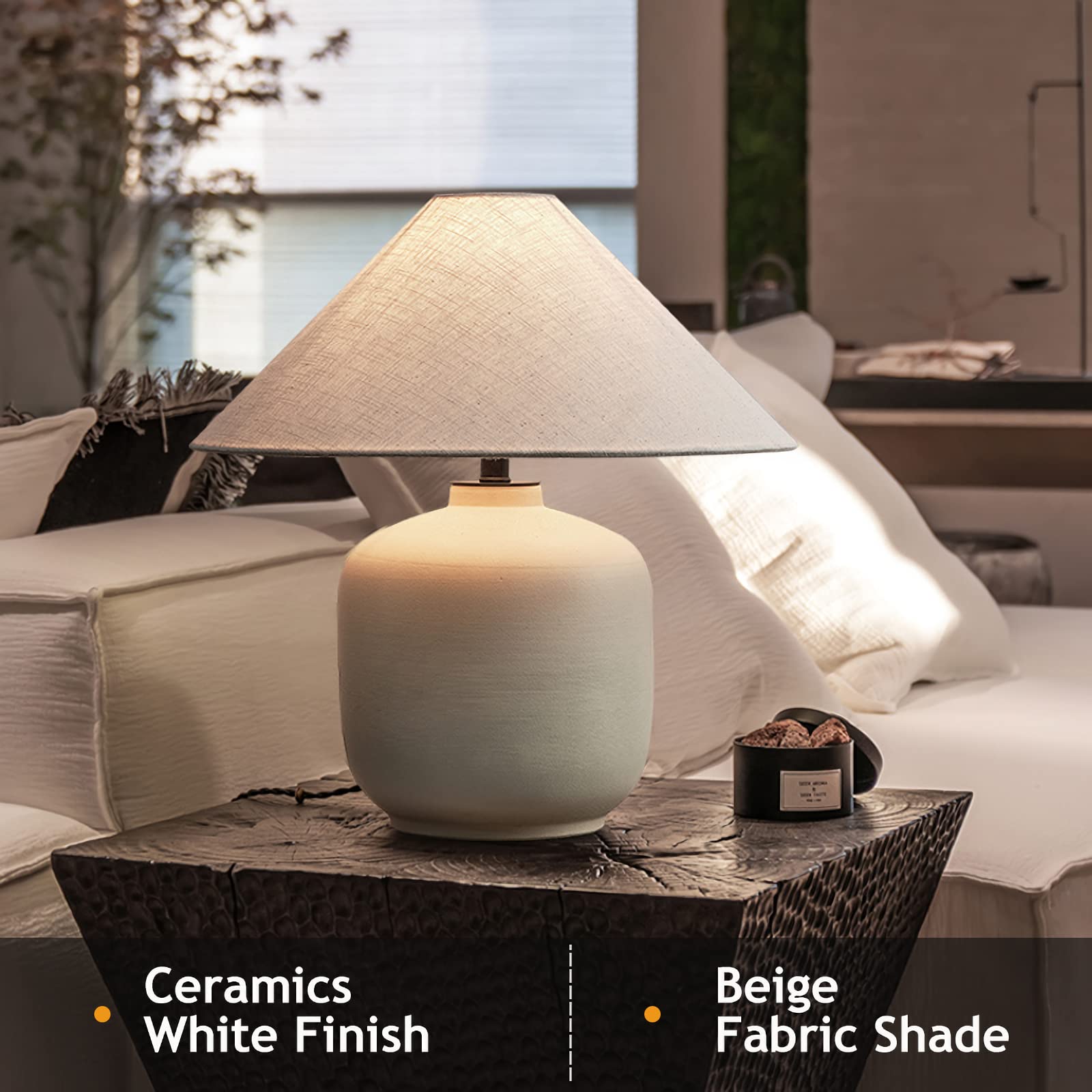 Lampada da tavolo in ceramica bianca con paralume in tessuto beige singola E26 Base interruttore a pulsante Flicker illuminazione libera per camera da letto soggiorno studio scrivania deco