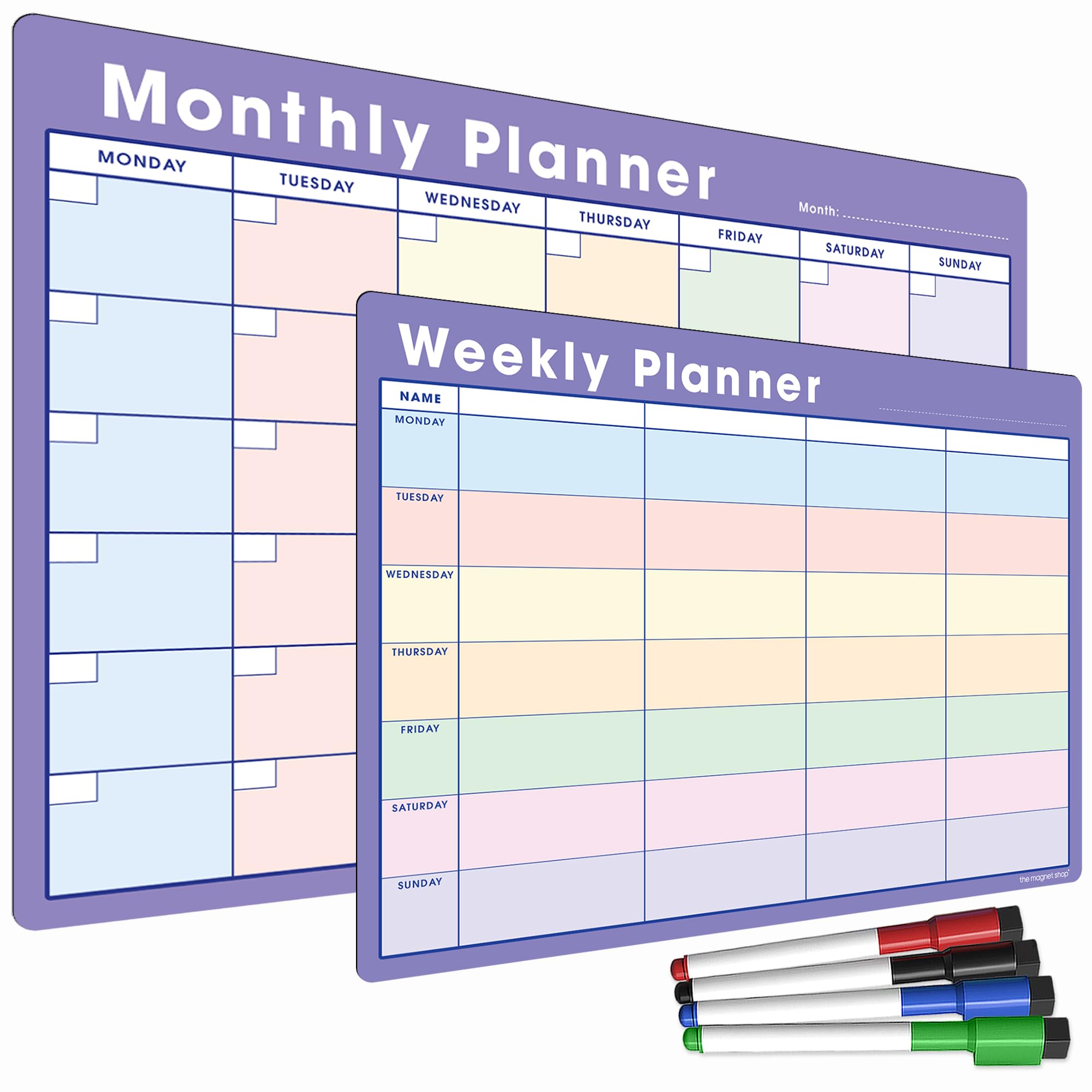 TMS Magnetic Whiteboard Planner Set | A4 Weekly & A3 Monthly Calendars with Memo Board, Shopping & to-Do List Functions | Meal Planner Bundle and 4 Dry Erase Pens with Built-in Erasers