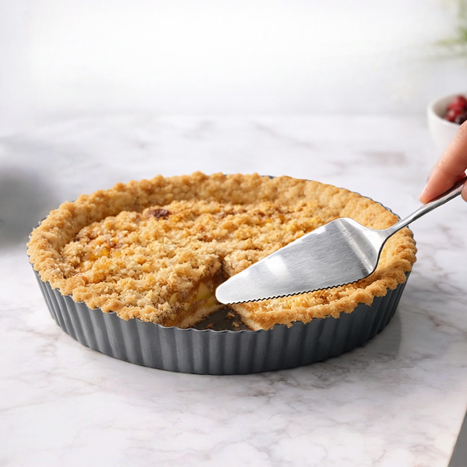 9.5*2.2 Inch Deep Tart Pan w/ Pie Cake Server. Removable Bottom, Non-Stick Coating, Rugged Carbon Steel for Tart Quiche Baking. Gift for Women Wife Christmas Thanksgiving Party Festival Family