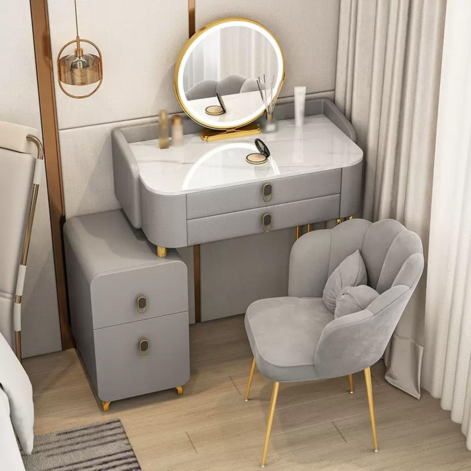 CGCSYZ Modern Vanity Table Set with Mirror Stool and Adjustable Brightness 4 Drawers Dressing Table for Bedroom(Grey-70cm/27.5in)