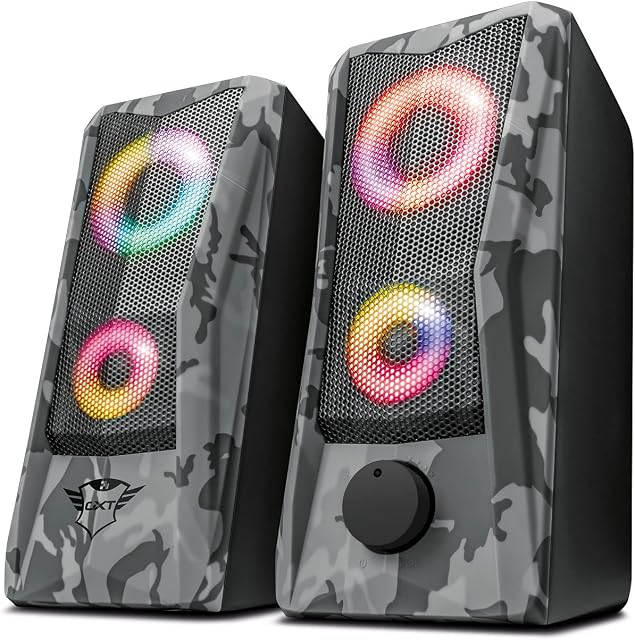 Trust Gaming GXT 606 Javv RGB-Illuminated 2.0 PC Speakers, 12 W Peak Power, 3.5 mm Jack, Metal Grille, USB Powered Sound System, Speaker Set for Computer, Laptop, Mac - Grey