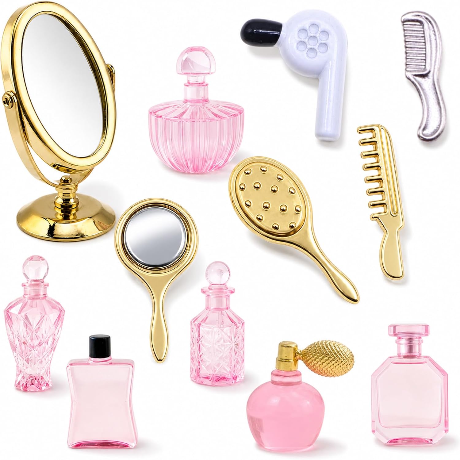 1/12 Scale Miniature Bathroom Accessories Kit Mini Plastic Hair Dryer Brush Comb Mirror Perfume Bottles Set for Mini House Bedroom Decoration,Set A | Mini Plastic Hair Dryer Brush Comb Mirror Perfume Bottles Set for Mini Bathroom Bedroom Decoration