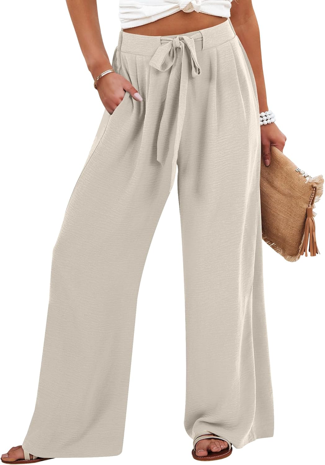 Caracilia Wide Leg Palazzo Pants for Women Summer High Waist Flowy Loose Casual Lounge Trousers Beach Travel Vacation Clothes