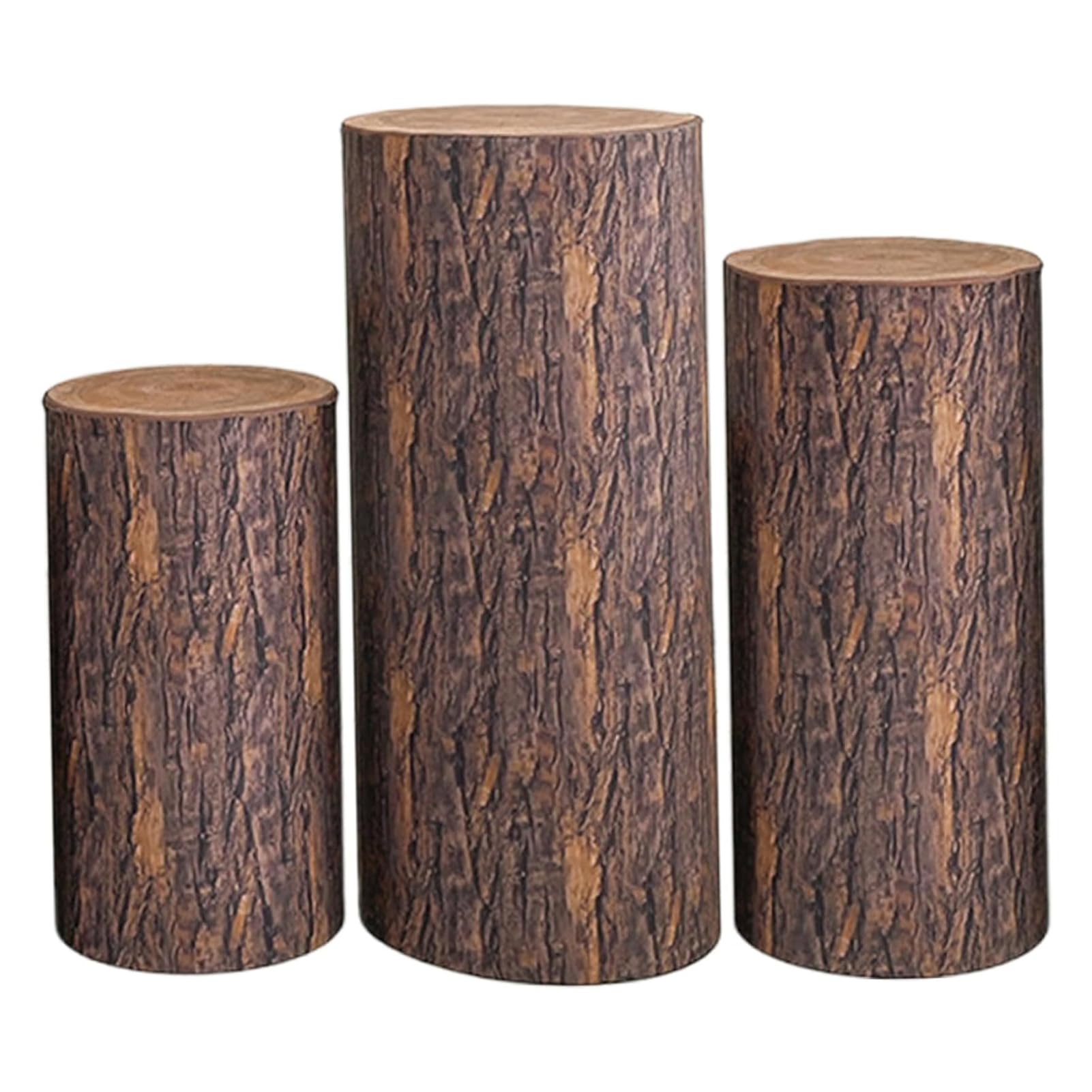 PAPABA 3 Pcs Party Cylinder Stand Covers,Spandex Pedestal Cover,Assorted Size Elastic,Tree Stump Cylinder Covers for Metal Cylinder Pedestal Stands Wedding,Only Contains Covers(Wood Color)