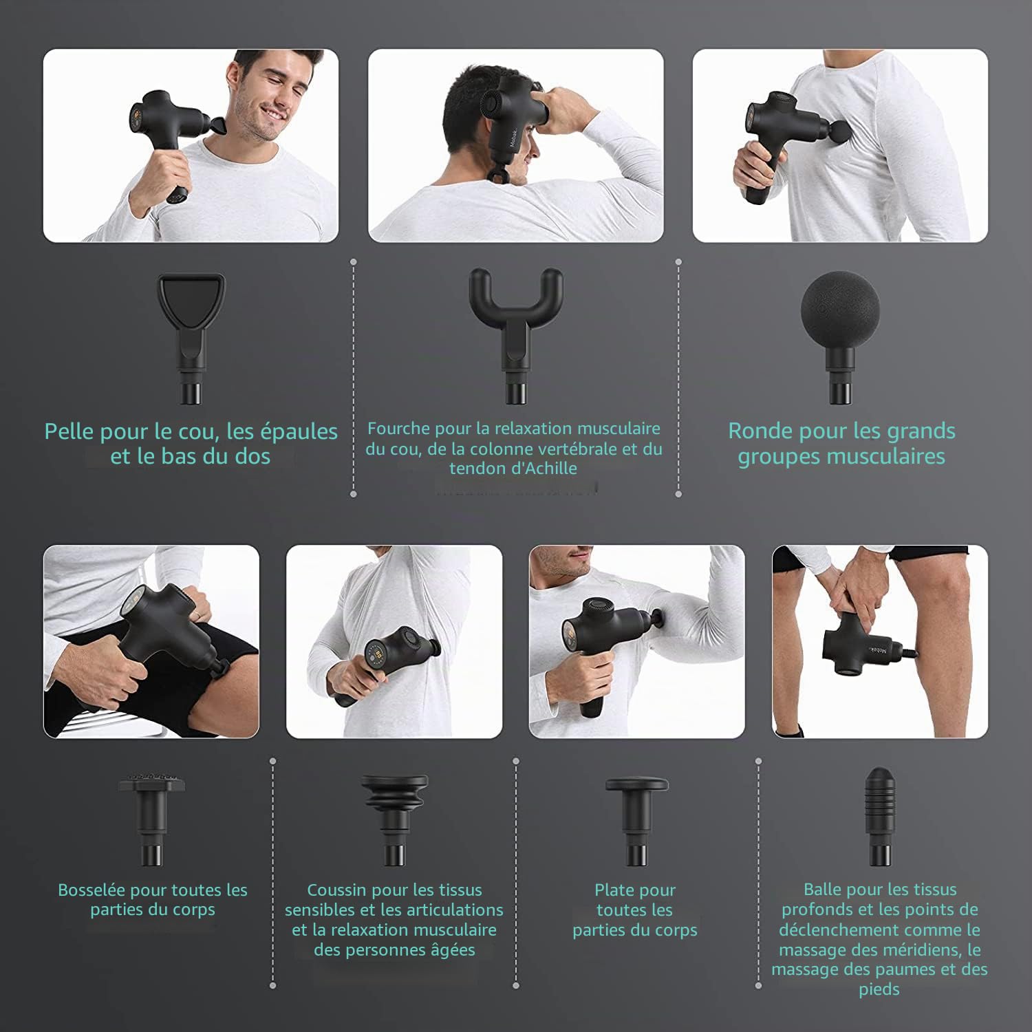Mebak 3 Pistolet de Massage Musculaire Massage Gun Masseurs Électriques Portables Masseur des Tissus Profonds Soulagement des la Douleur Ultra Silencieux avec 7 tête 5 vitesses 12mm Amplitude