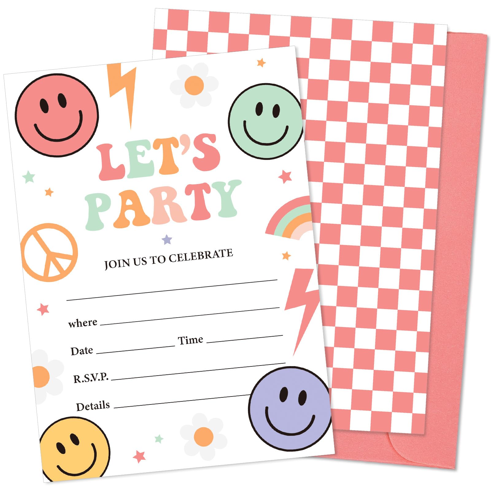 JarThenaAMCS 25 Set Retro Smile Face Party Invitations with Envelopes Boho Birthday Checkered Candy Color Happy Face Invites for Wedding Celebration Party Decors, 5 x 7 Inch