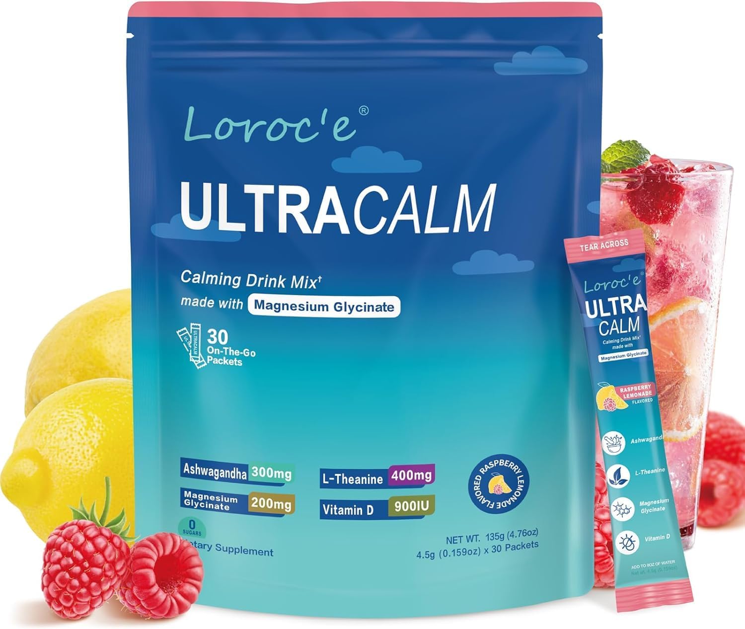 Cortisol Drink Sachets – Magnesium Powder with Ashwagandha, L-Theanine, Vitamin D3, Sodium & Potassium – Sugar Free Calm Drink for Stress Relief, Focus, Memory & Relaxation – 30 Sticks