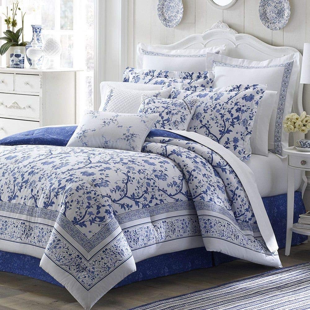 HNU 4 Piece French Country White Blue Floral Comforter, Beautiful Flowers Leafs Botanical Toile Nature Pattern Shabby Chic Bedding, Sophisticated Romantic Look Sateen Weave Queen Comforter