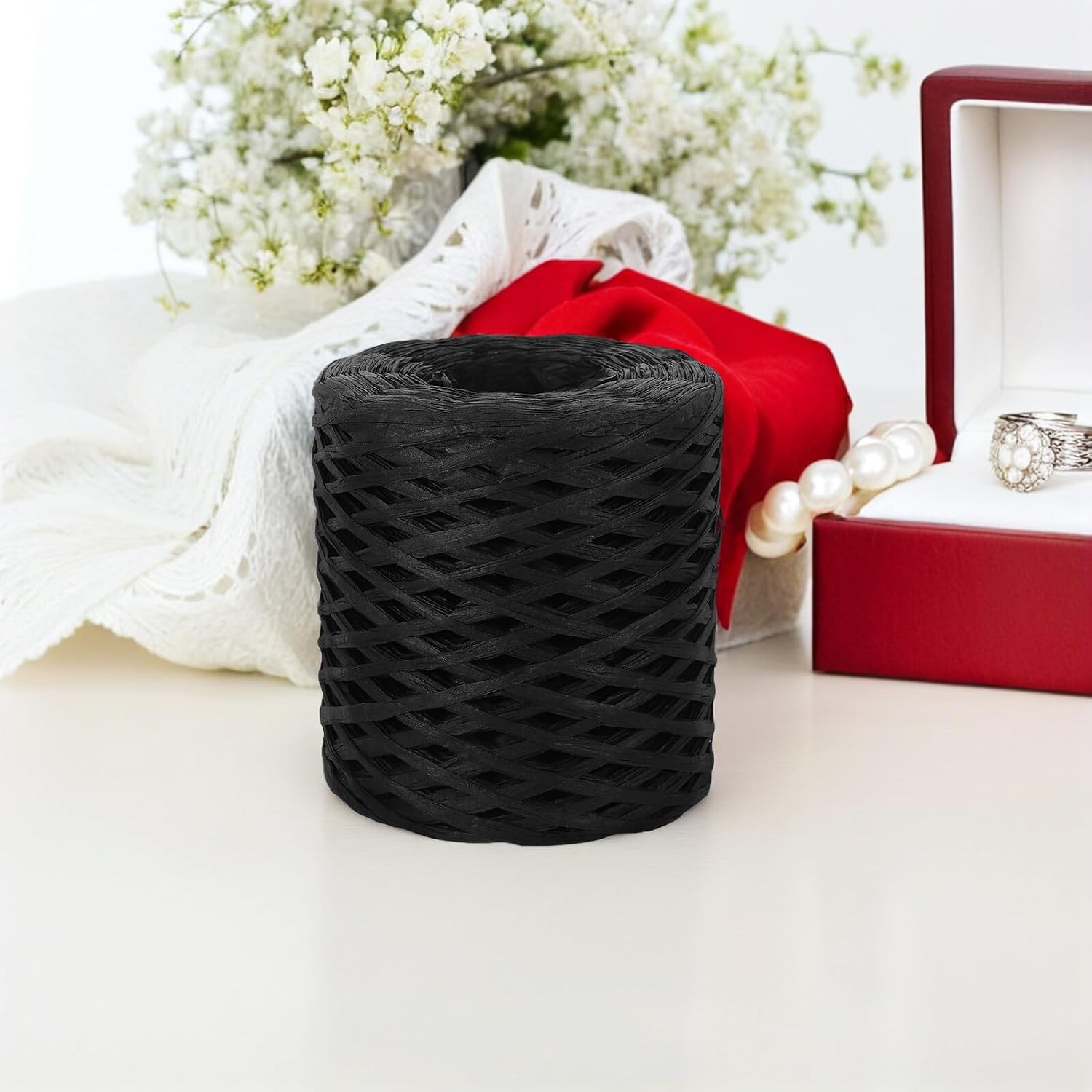 Natural Raffia Paper Ribbon 200m Roll Black for DIY Craft Ribbon Weaving Projects Wrapping and Handmade Decoration