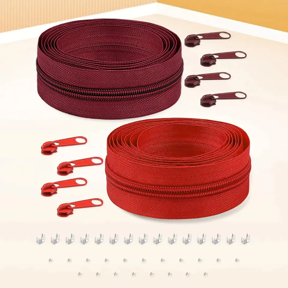 4,3 metros #5 Zíperes de costura, zíper de bobina com 8 controles deslizantes e 12 pontas de zíper para artesanato de costura de alfaiate DIY (vinho tinto e vermelho)