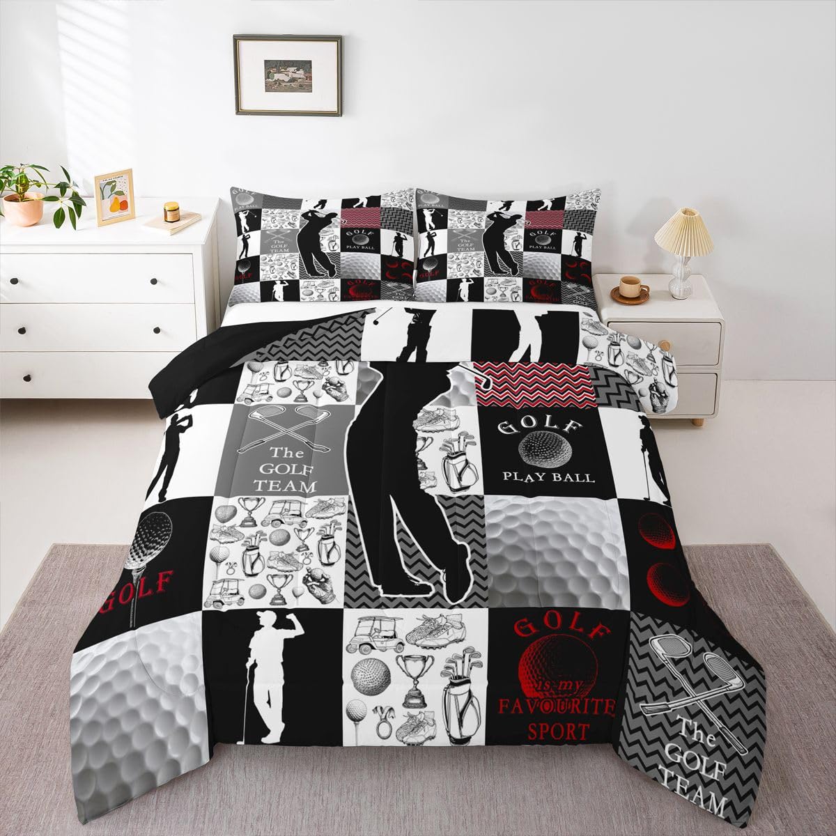 Feelyou Golf Comforter Set Full Size Sports Geometric Black Patchwork Bedding Set for Kids Boys Girls Gaming Sports Duvet Quilt Bedroom Decor Microfiber 3 Pcs with 2 Pillow Cases