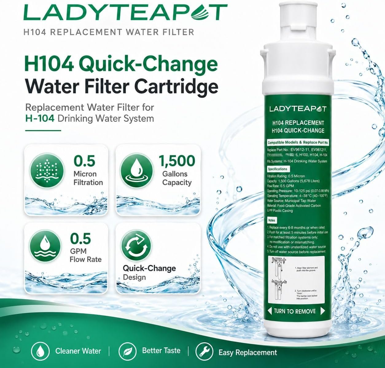 H-104 Under Sink Filter Replacement Cartridge, Compatible With Everpure H-104 Drinking System, 1,000 Gallon, 0.5 Micron (1 Pack)