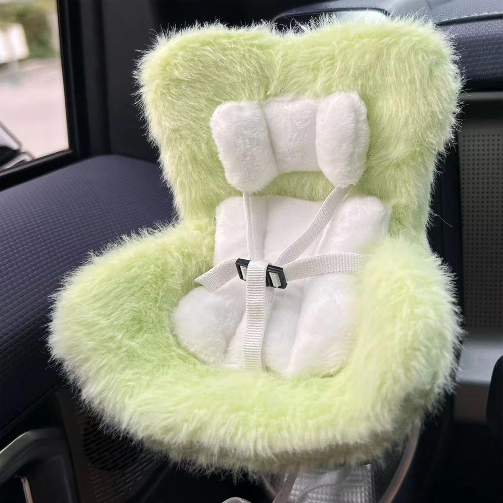 Car Seat with Air Vent Clip and Desktop Stand, Doll Car Seat with Soft Furry Cushion Seat, Cute and Functional Car Ornament for Collectors & Doll Fans (Green)